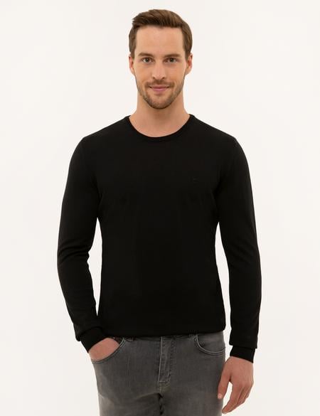 Siyah Slim Fit Bisiklet Yaka Yün Karışımlı Basic Triko Kazak - 50227677006