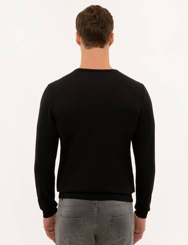 Siyah Slim Fit Bisiklet Yaka Yün Karışımlı Basic Triko Kazak