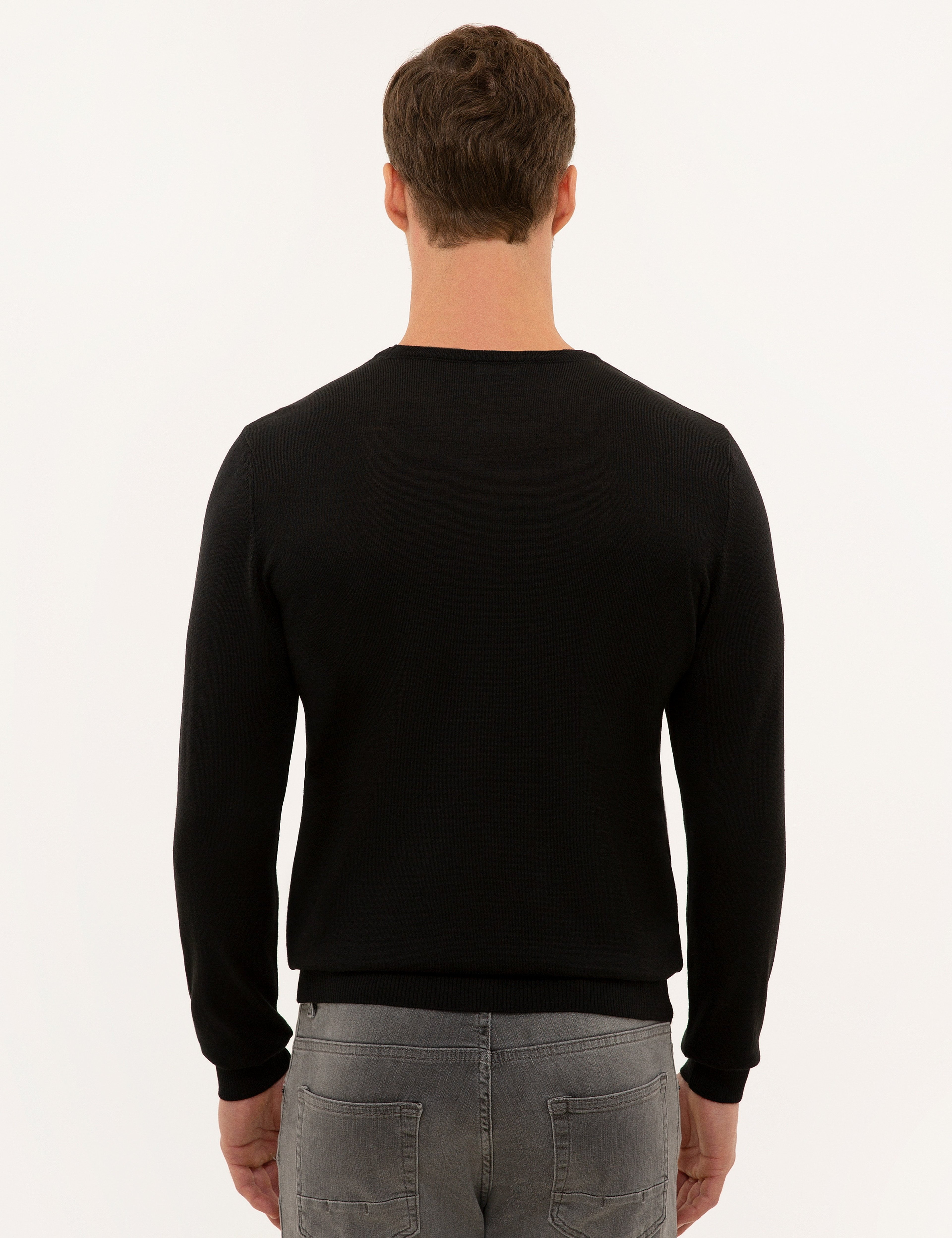 Siyah Slim Fit Bisiklet Yaka Yün Karışımlı Basic Triko Kazak - Image 4