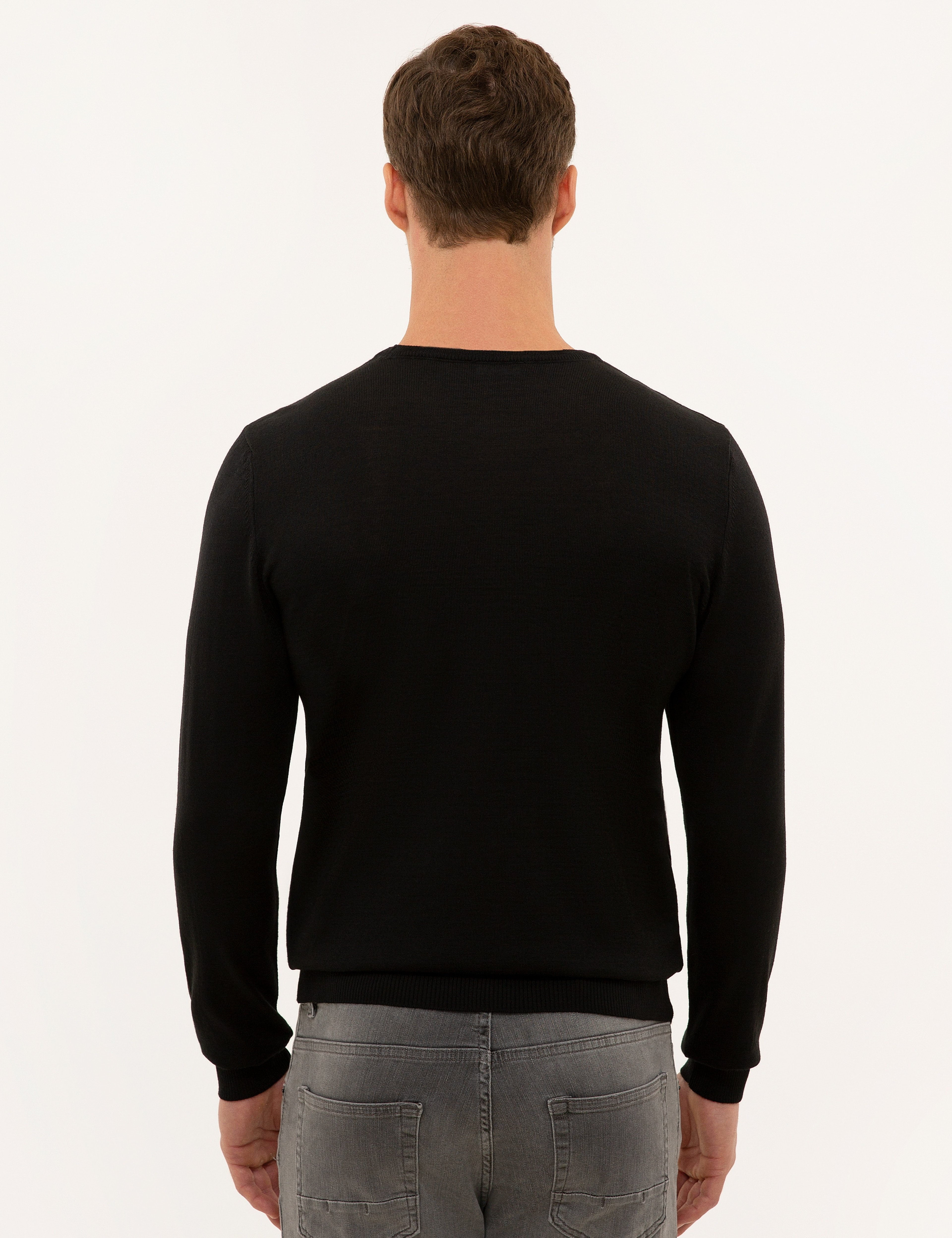 Siyah Slim Fit Bisiklet Yaka Yün Karışımlı Basic Triko Kazak