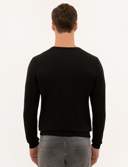 Siyah Slim Fit Bisiklet Yaka Yün Karışımlı Basic Triko Kazak - 50227677006