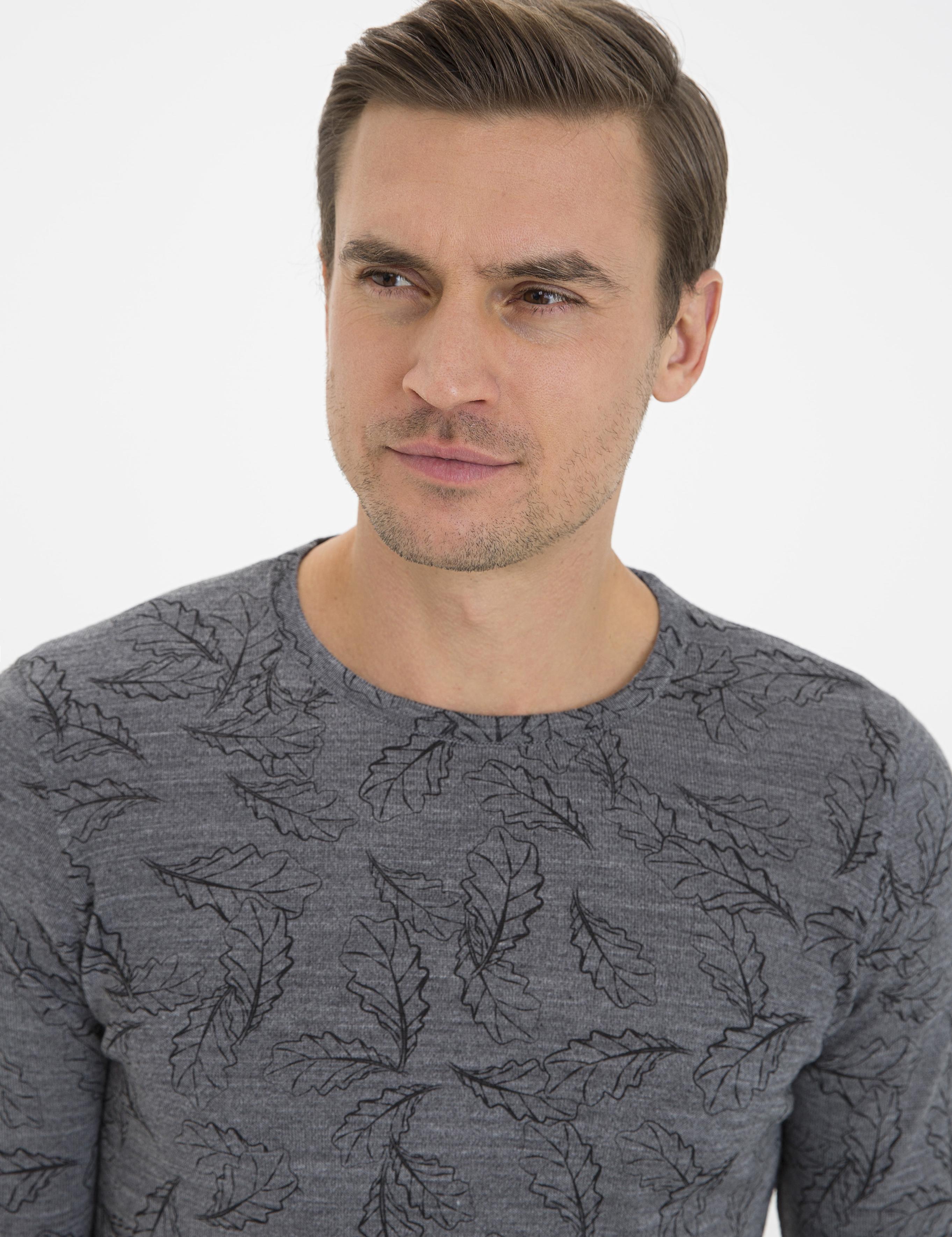 Gri Melanj Slim Fit Bisiklet Yaka Yün Karışımlı Triko Kazak