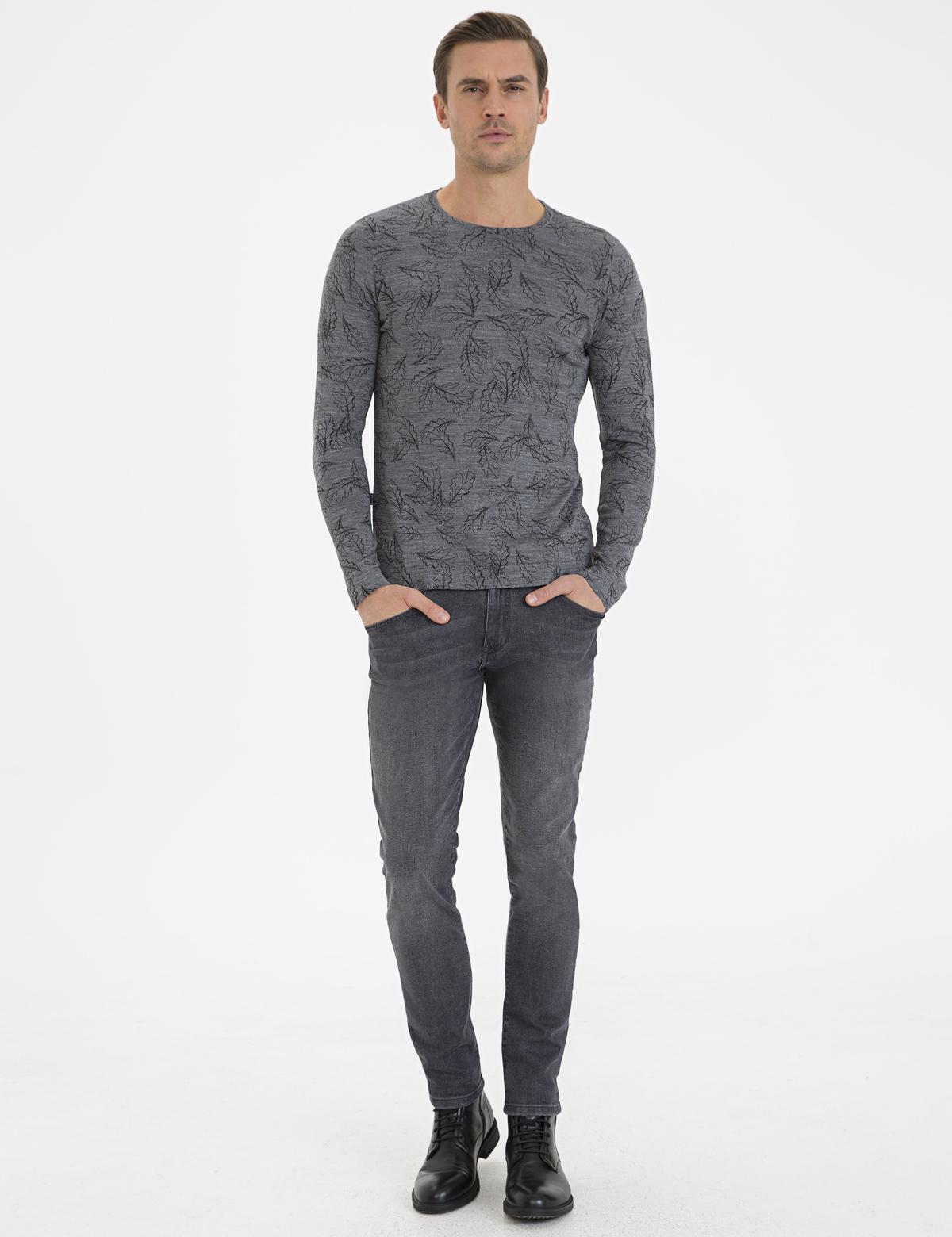 Gri Melanj Slim Fit Bisiklet Yaka Yün Karışımlı Triko Kazak - 50228231013