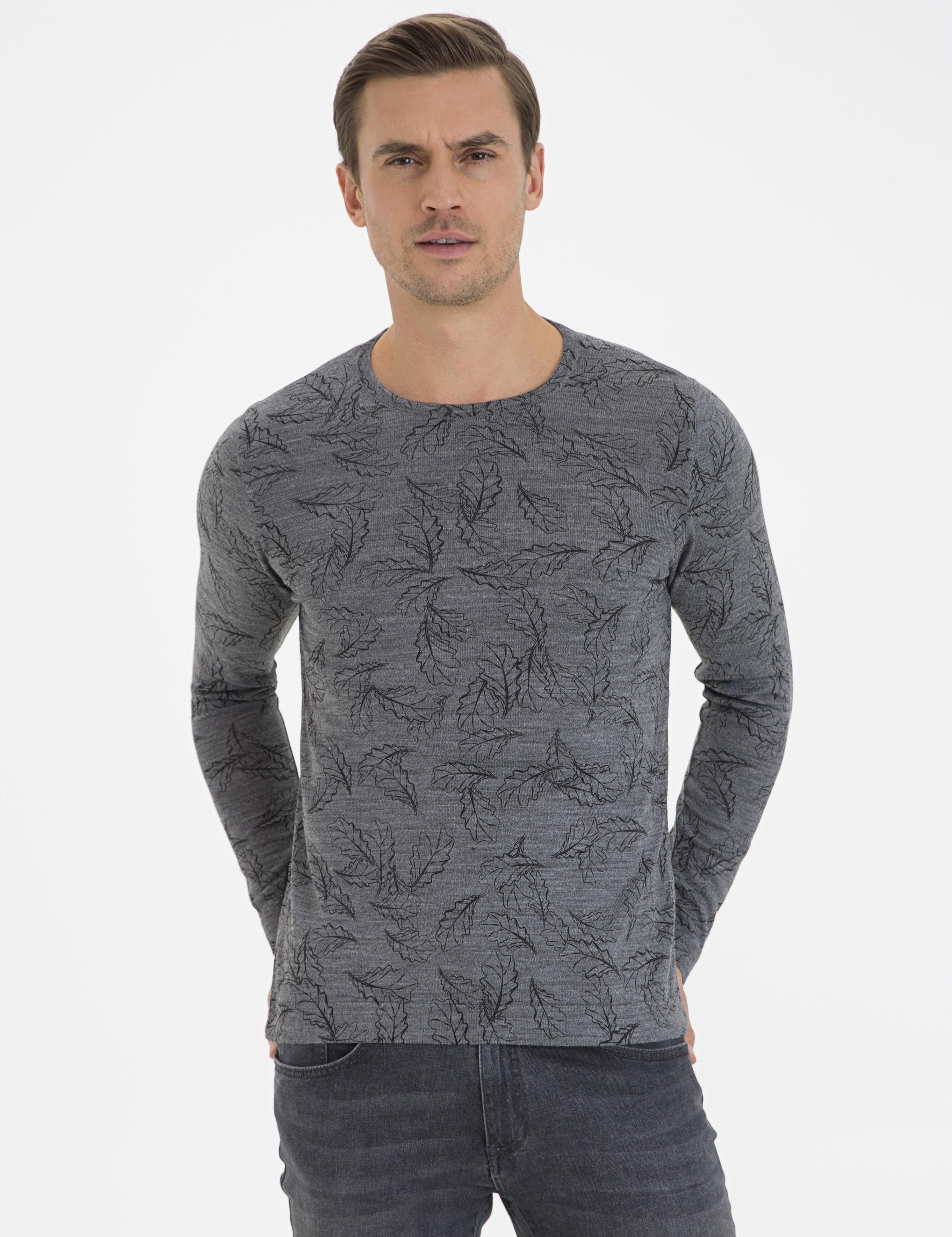 Gri Melanj Slim Fit Bisiklet Yaka Yün Karışımlı Triko Kazak