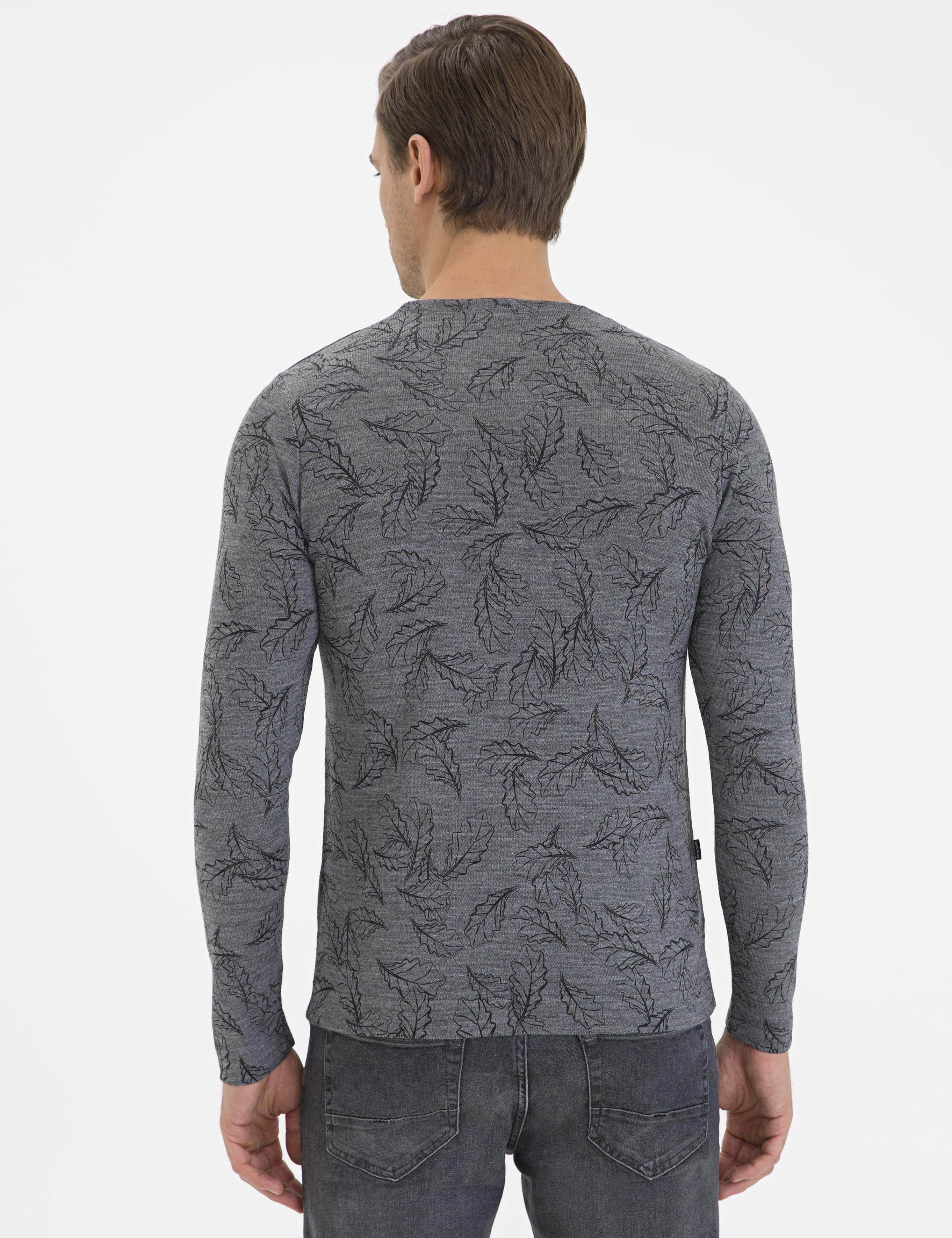 Gri Melanj Slim Fit Bisiklet Yaka Yün Karışımlı Triko Kazak