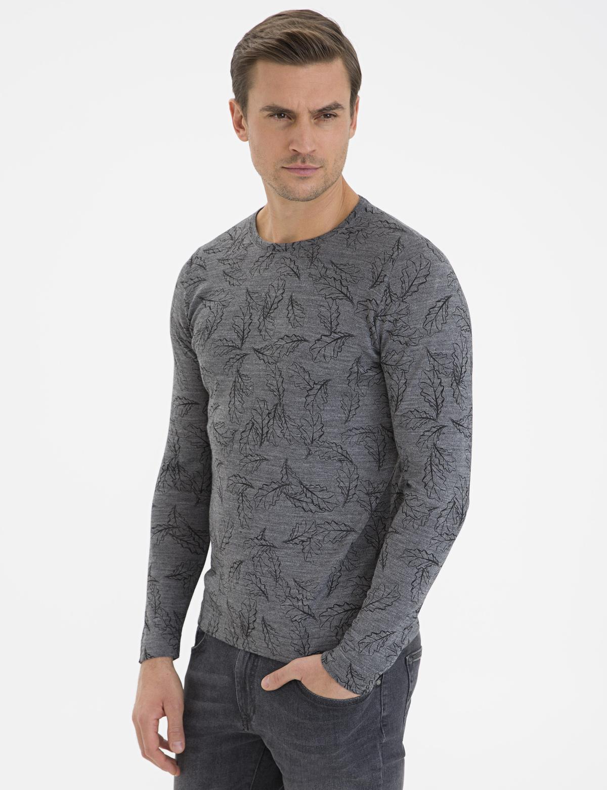 Gri Melanj Slim Fit Bisiklet Yaka Yün Karışımlı Triko Kazak - 50228231013