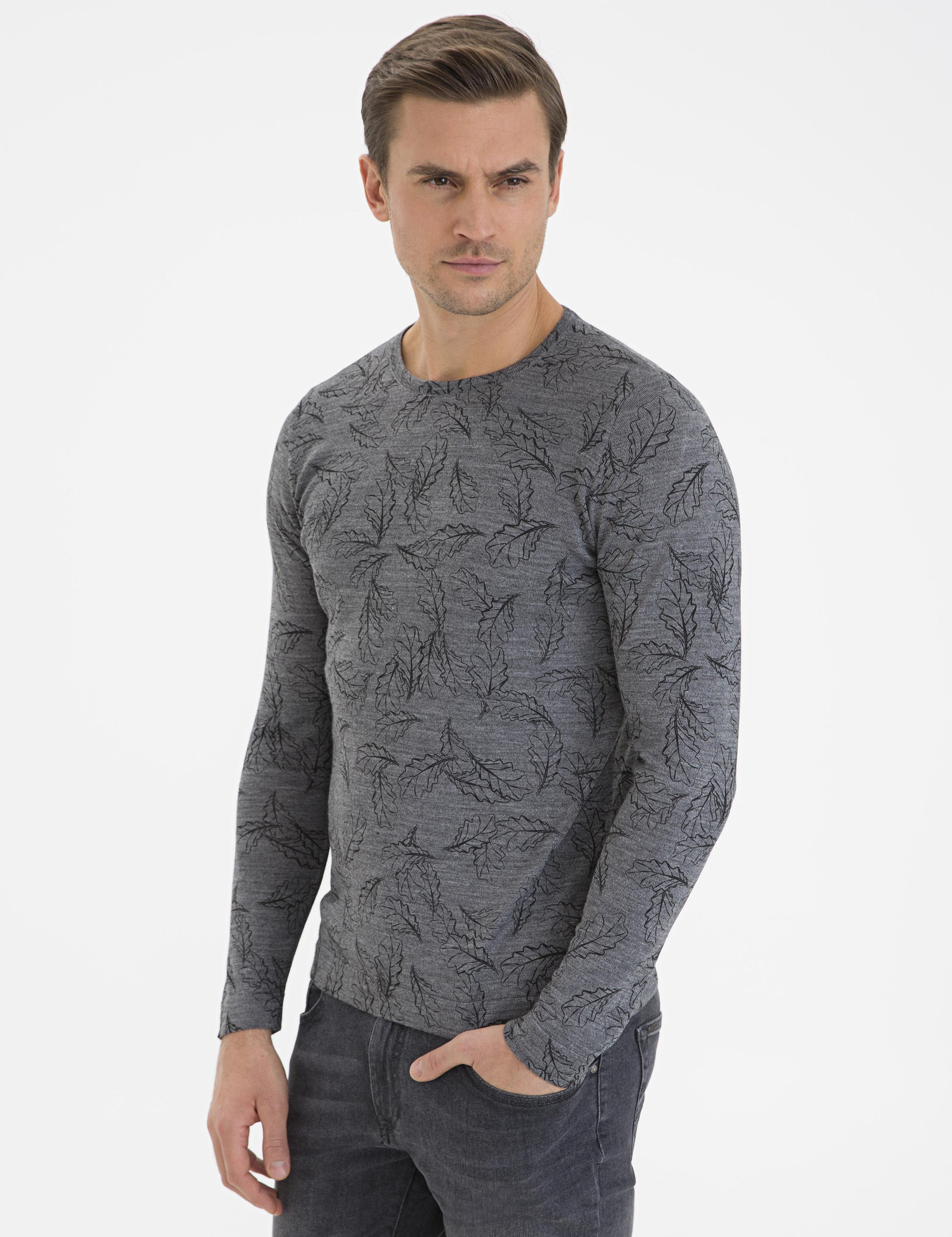 Gri Melanj Slim Fit Bisiklet Yaka Yün Karışımlı Triko Kazak