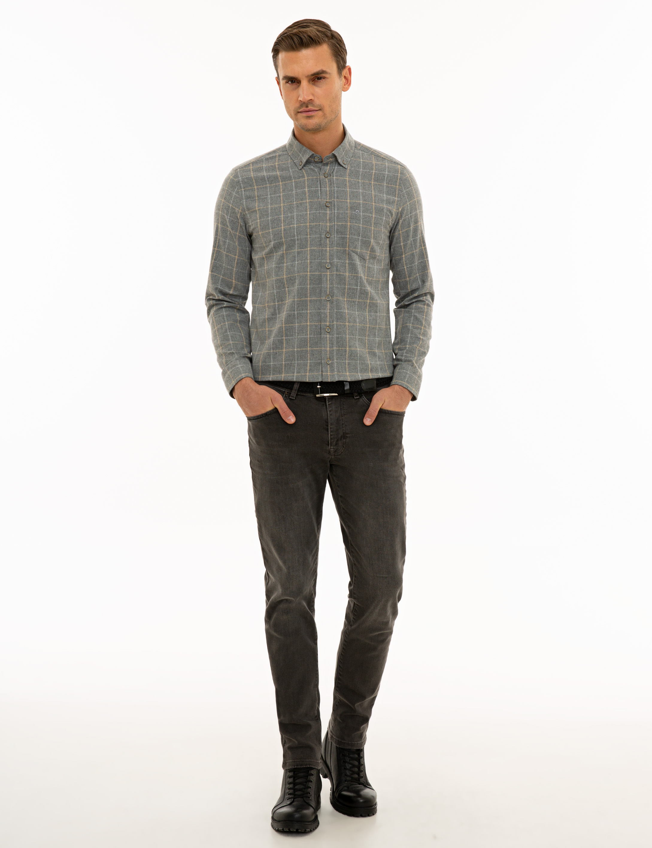 Gri Slim Fit Uzun Kollu Gömlek - Image 4