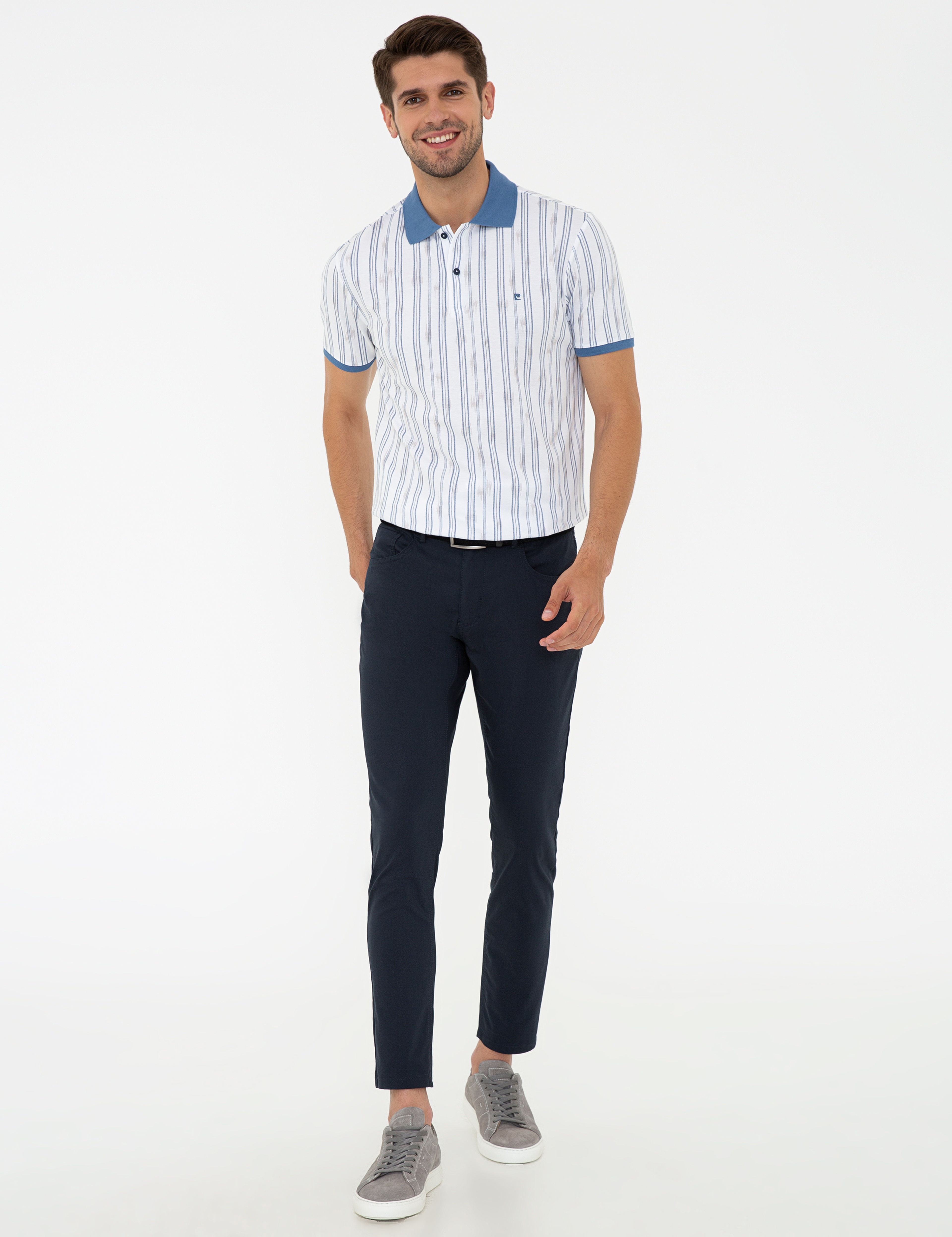 Lacivert Slim Fit Çizgili Polo Yaka Tişört - Image 4