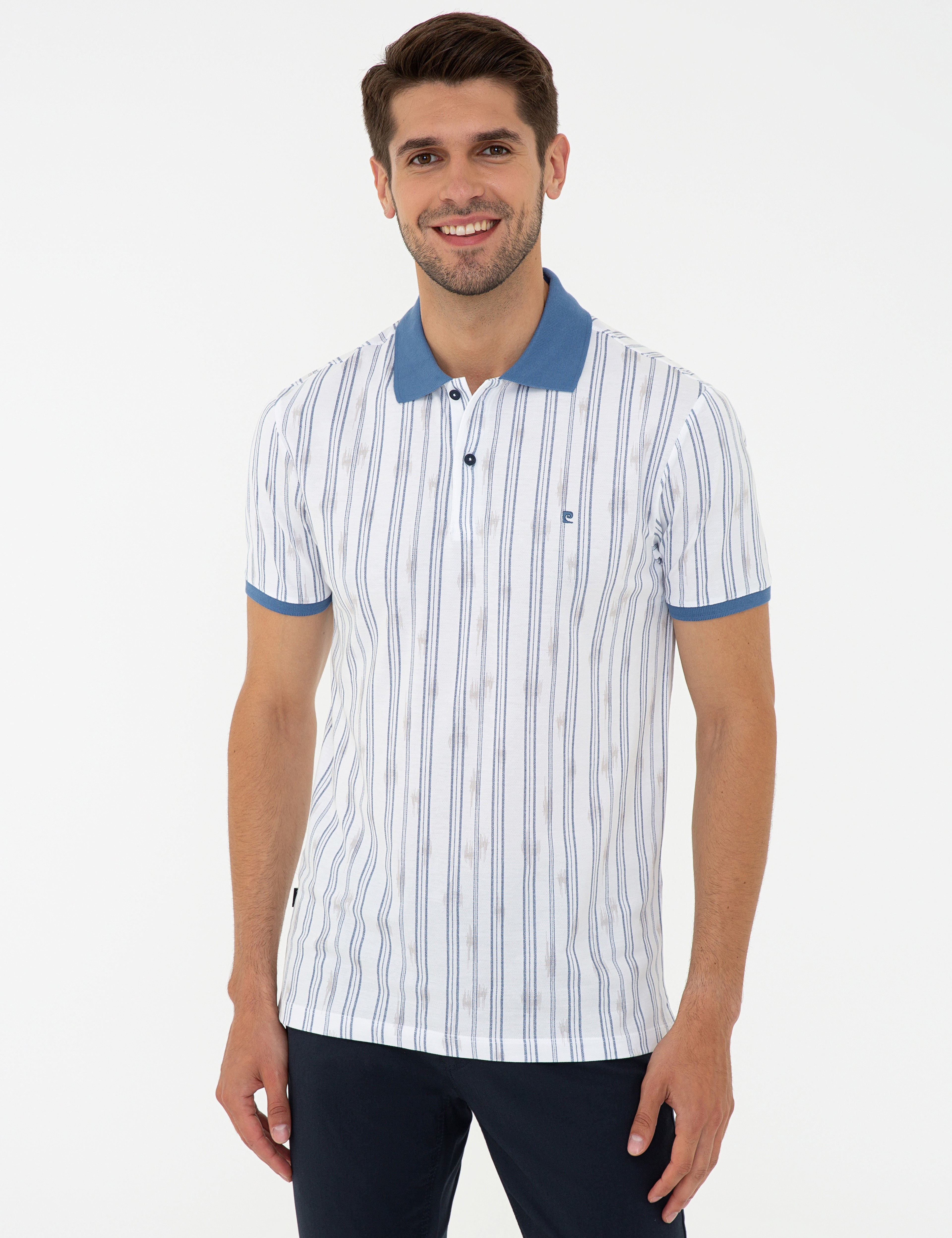 Lacivert Slim Fit Çizgili Polo Yaka Tişört - Image 1