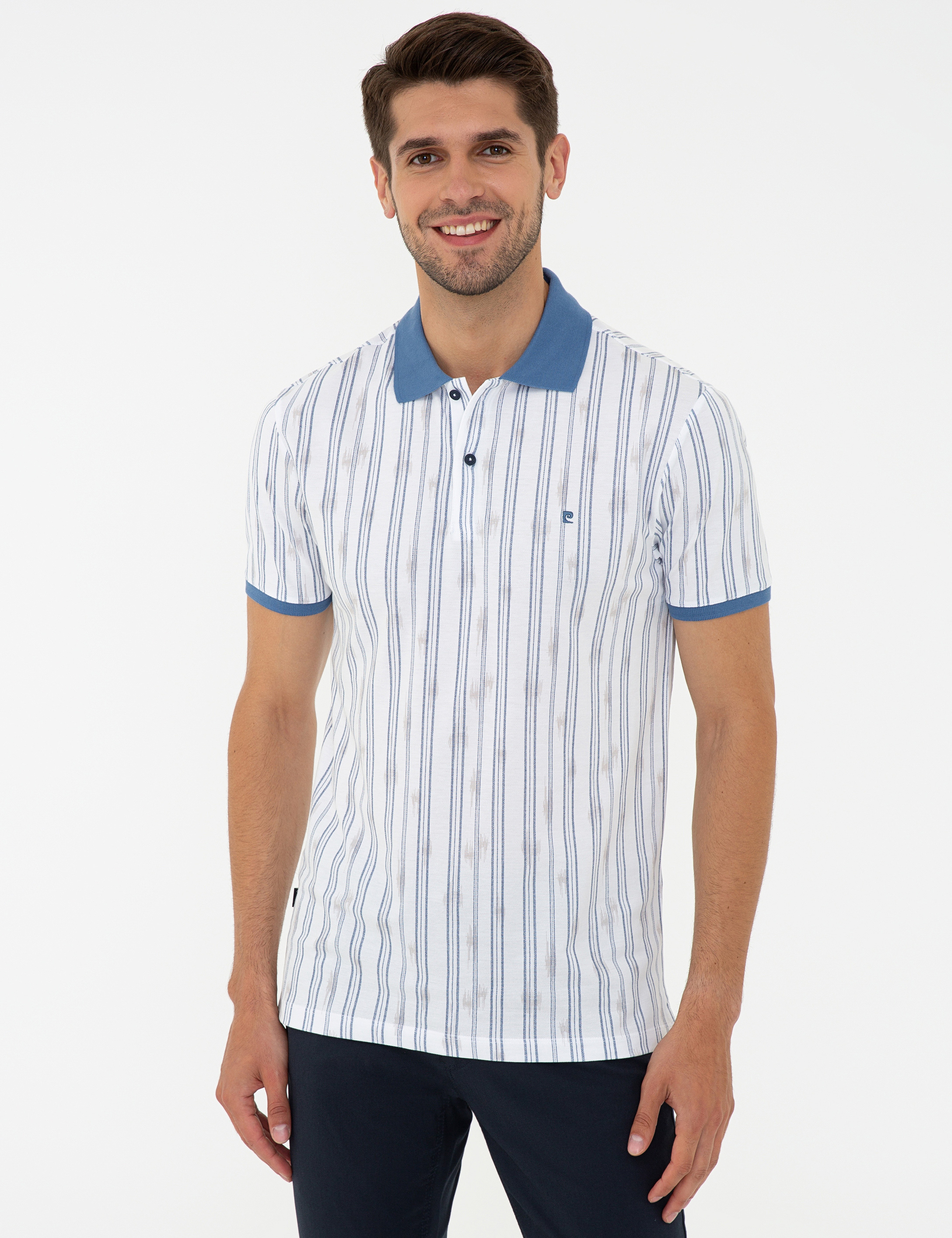 Lacivert Slim Fit Çizgili Polo Yaka Tişört