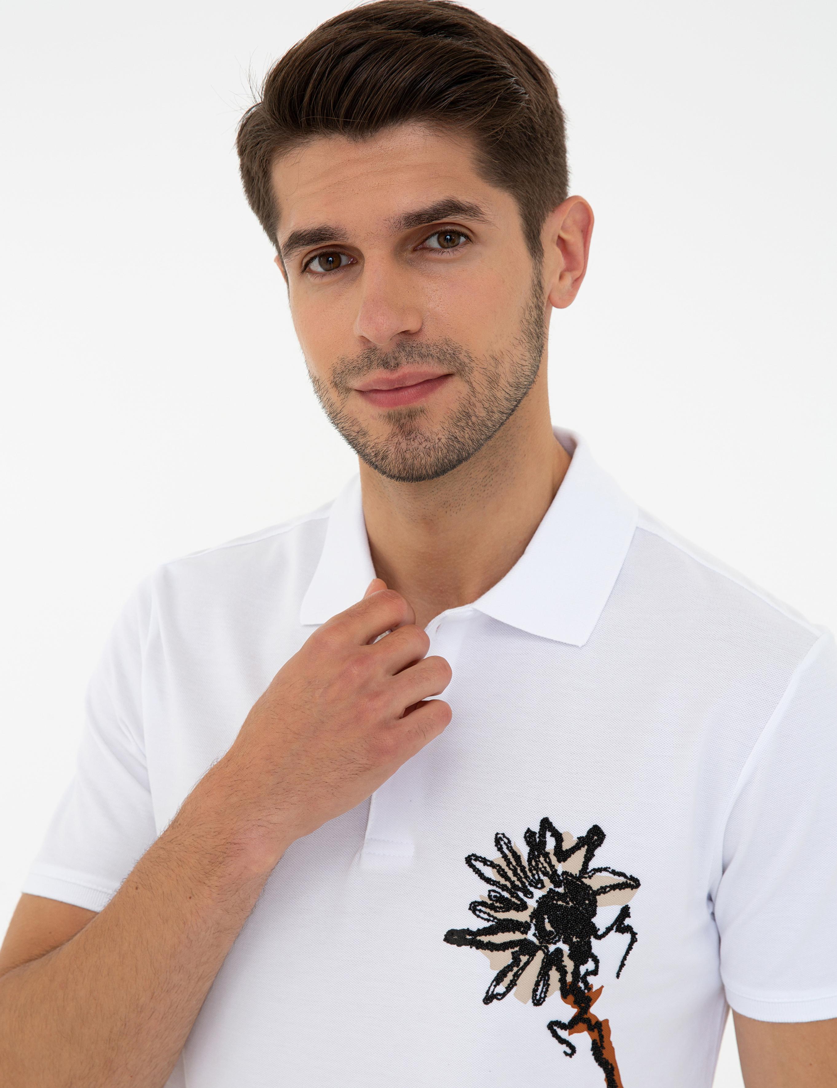 Beyaz Slim Fit Baskılı Polo Yaka Tişört