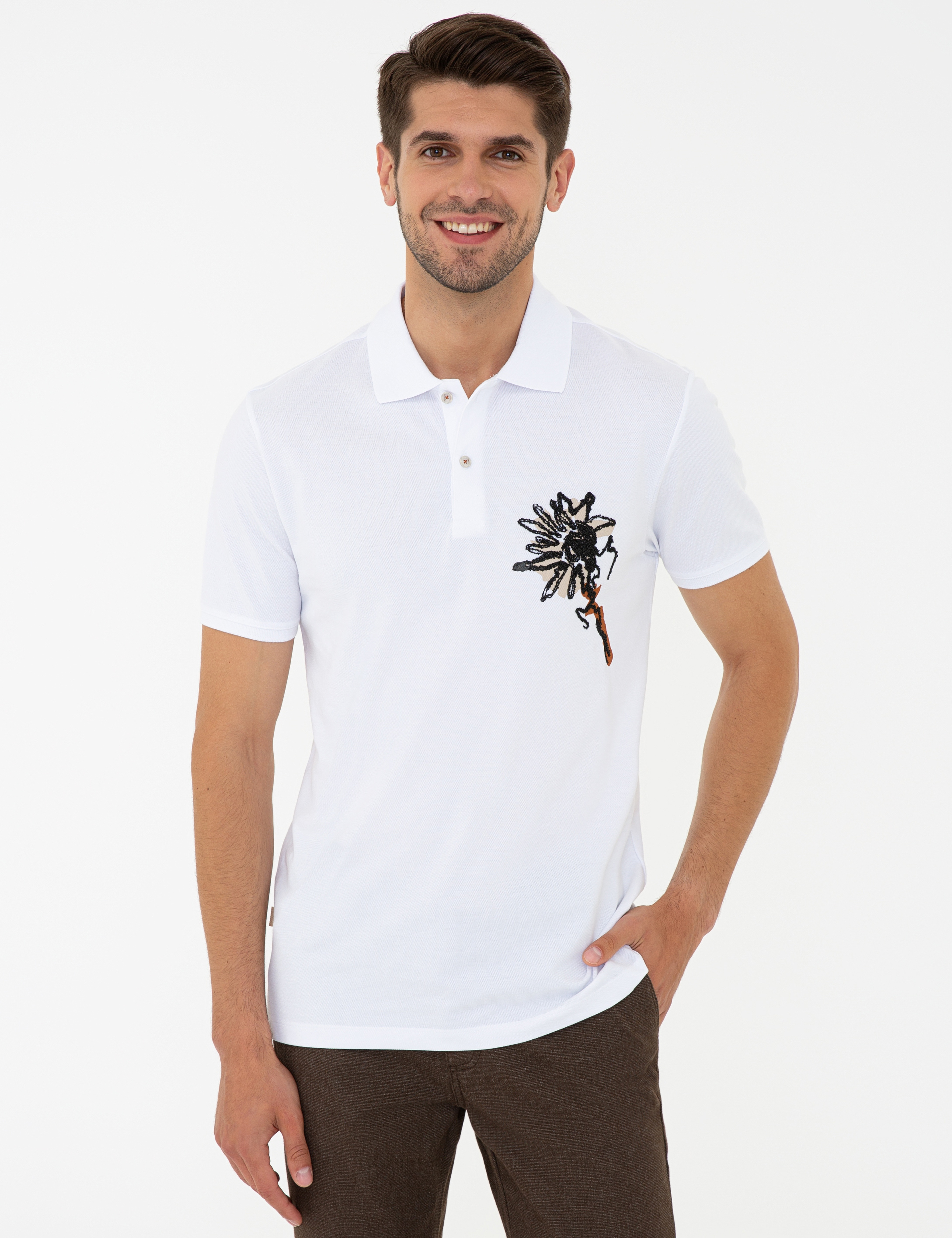 Beyaz Slim Fit Baskılı Polo Yaka Tişört