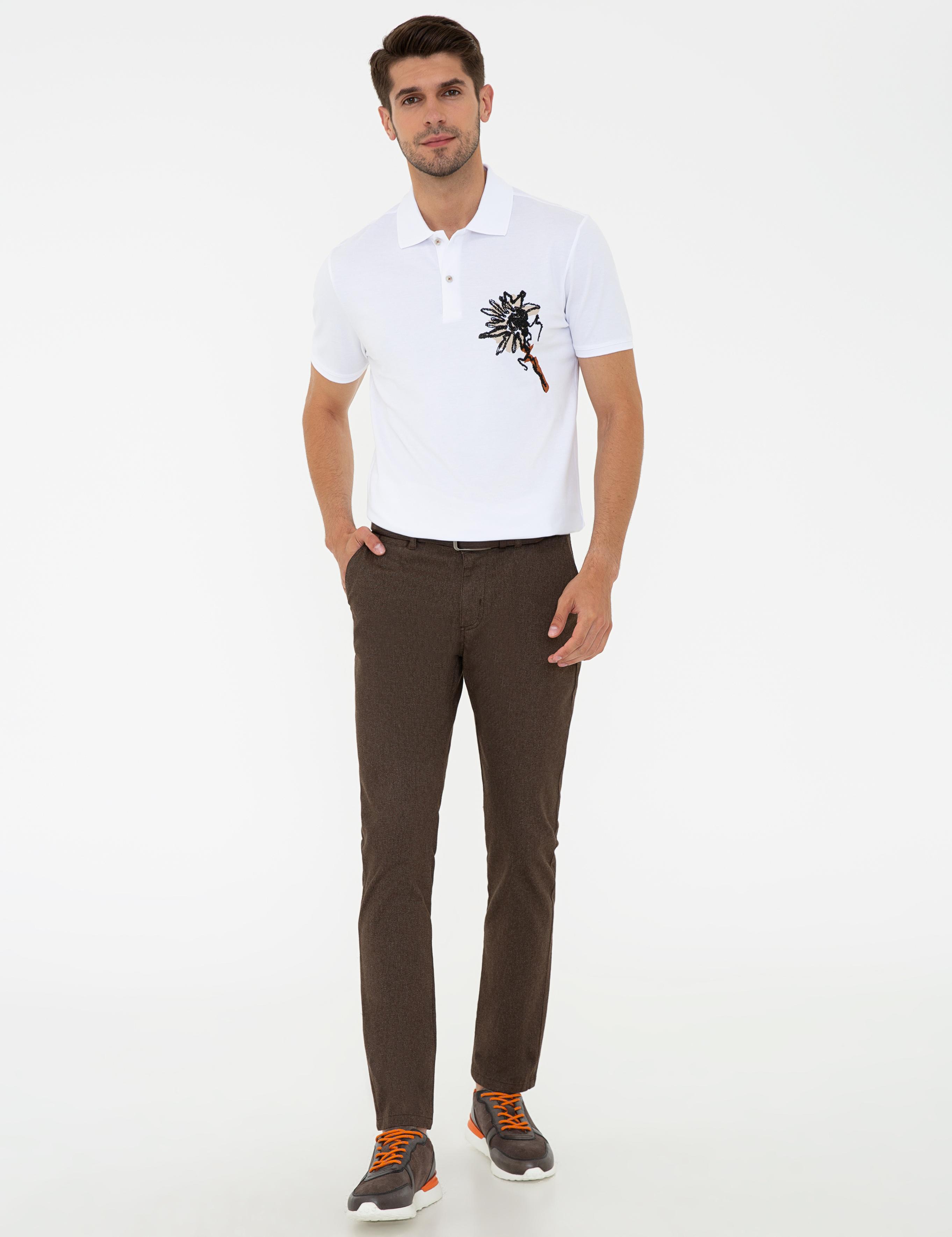 Beyaz Slim Fit Baskılı Polo Yaka Tişört