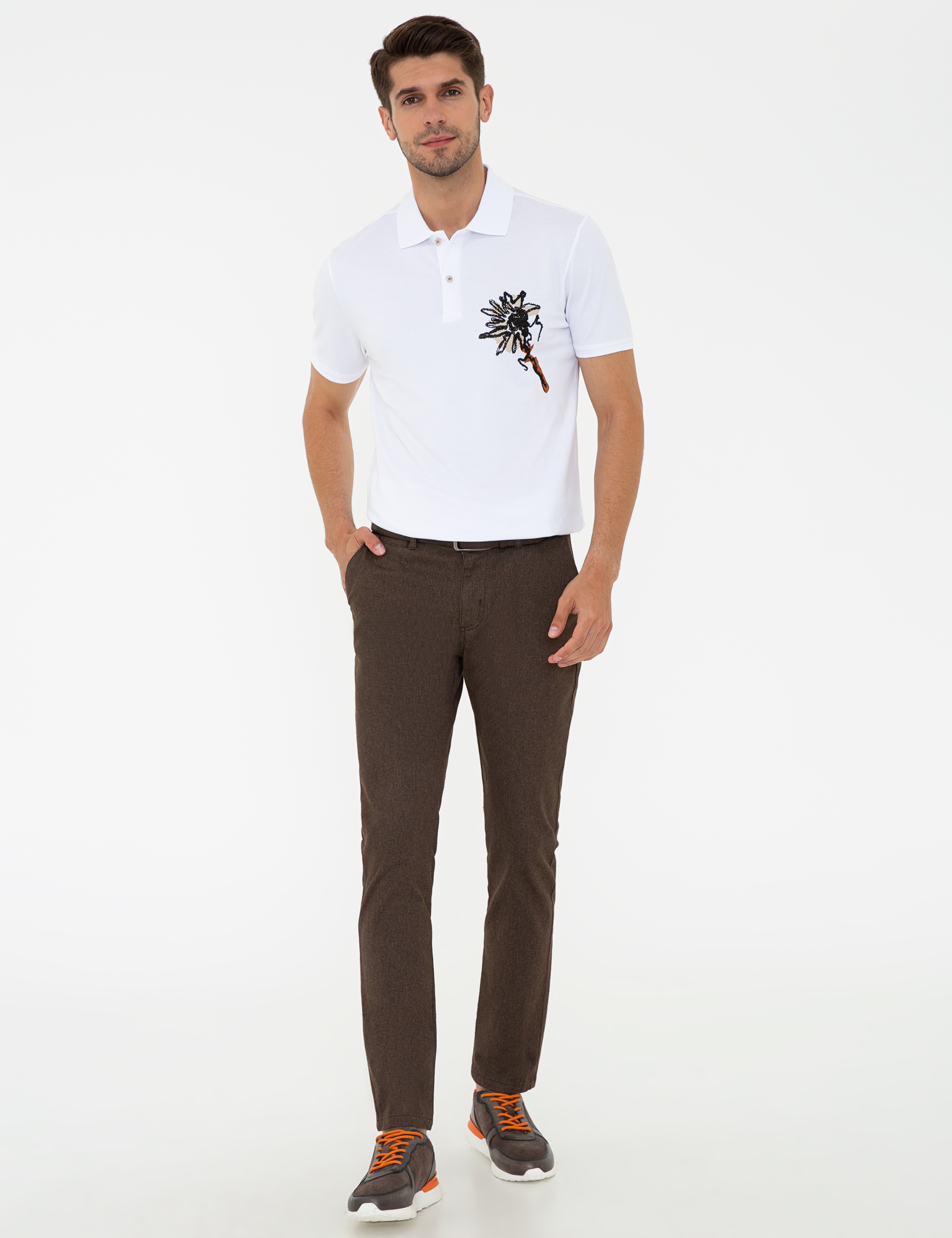 Beyaz Slim Fit Baskılı Polo Yaka Tişört