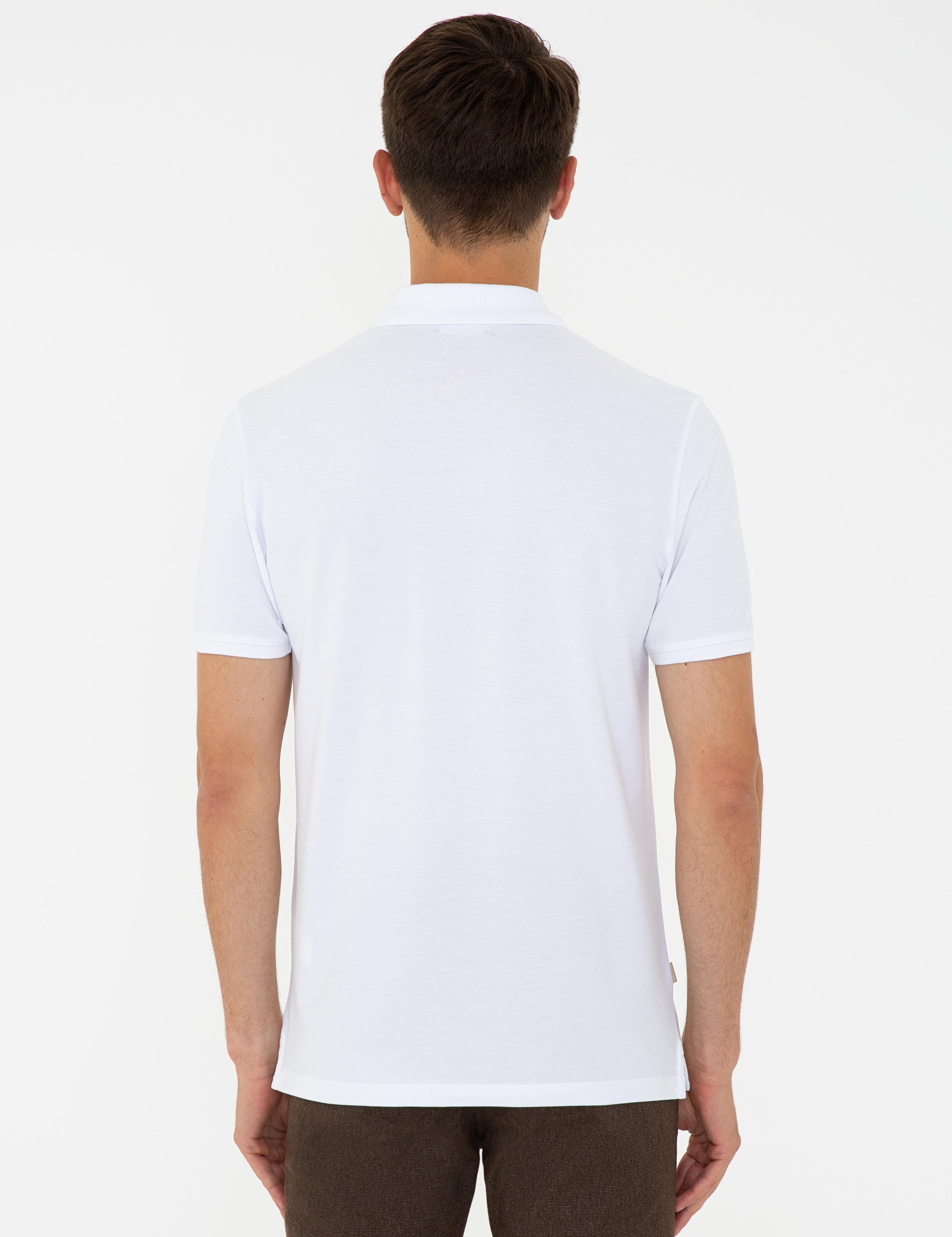 Beyaz Slim Fit Baskılı Polo Yaka Tişört