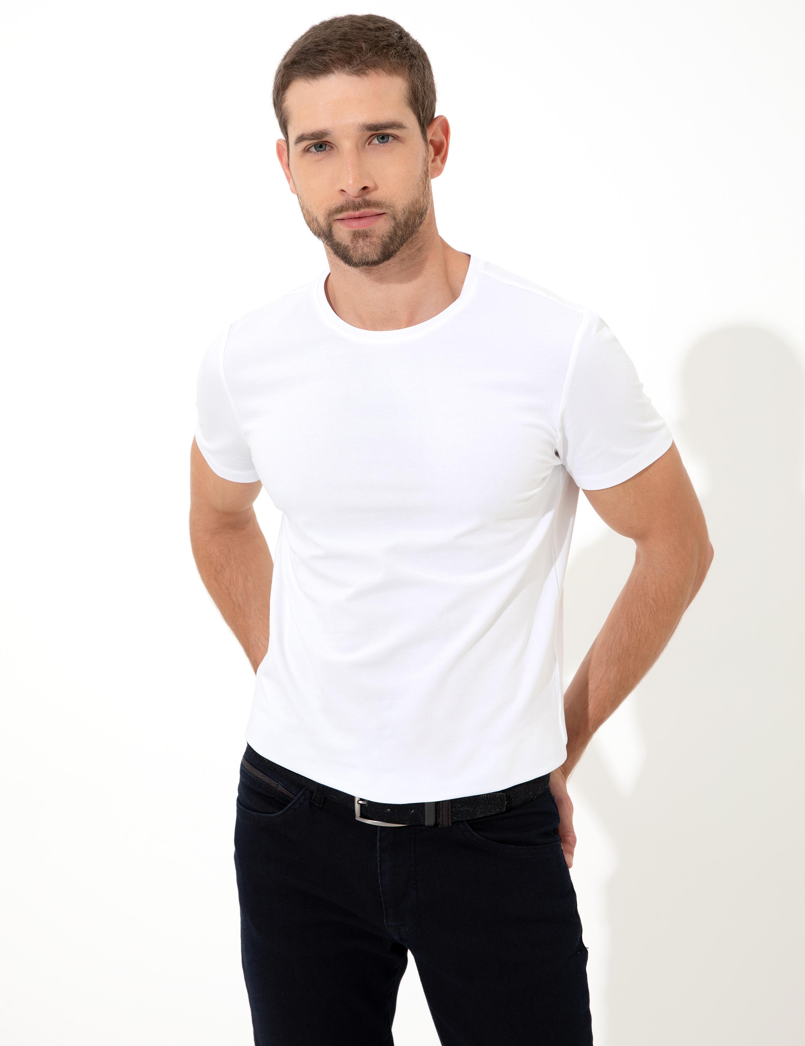 Beyaz Slim Fit Bisiklet Yaka Basic Tişört