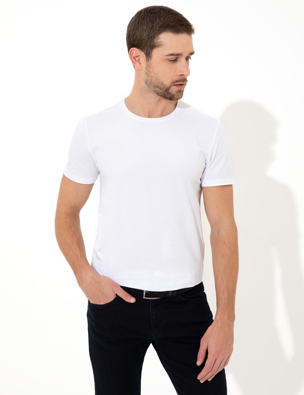 Beyaz Slim Fit Bisiklet Yaka Basic Tişört - 50251739002