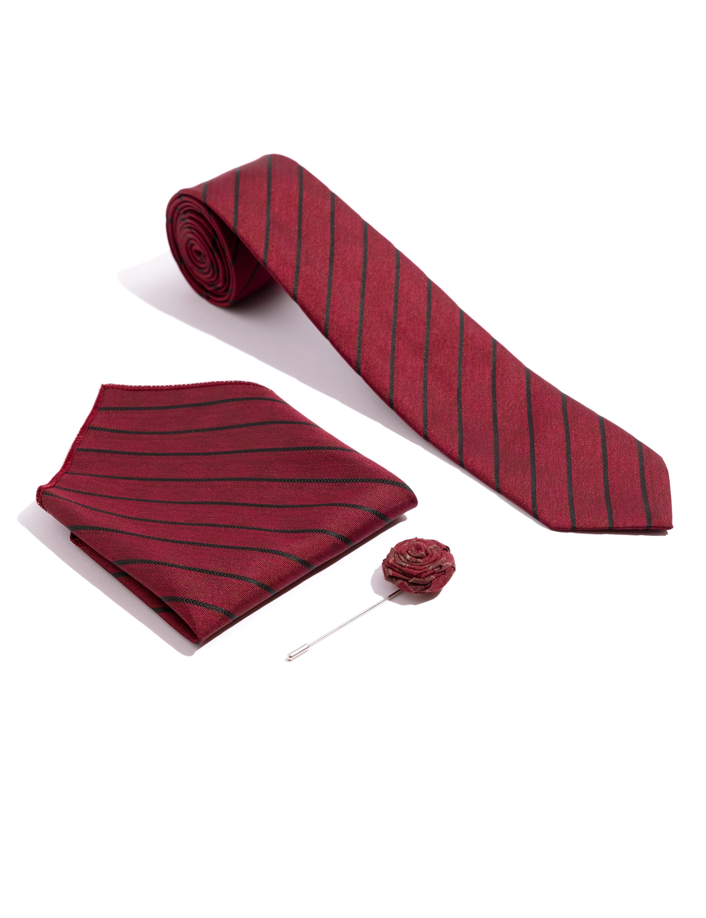 Bordo 3'lü Kravat-Mendil-Kravat İğnesi Set