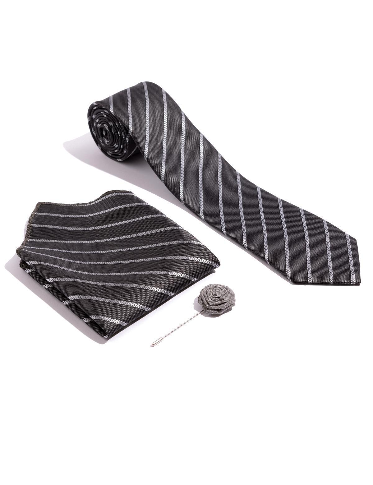 Siyah 3'lü Kravat-Mendil-Kravat İğnesi Set