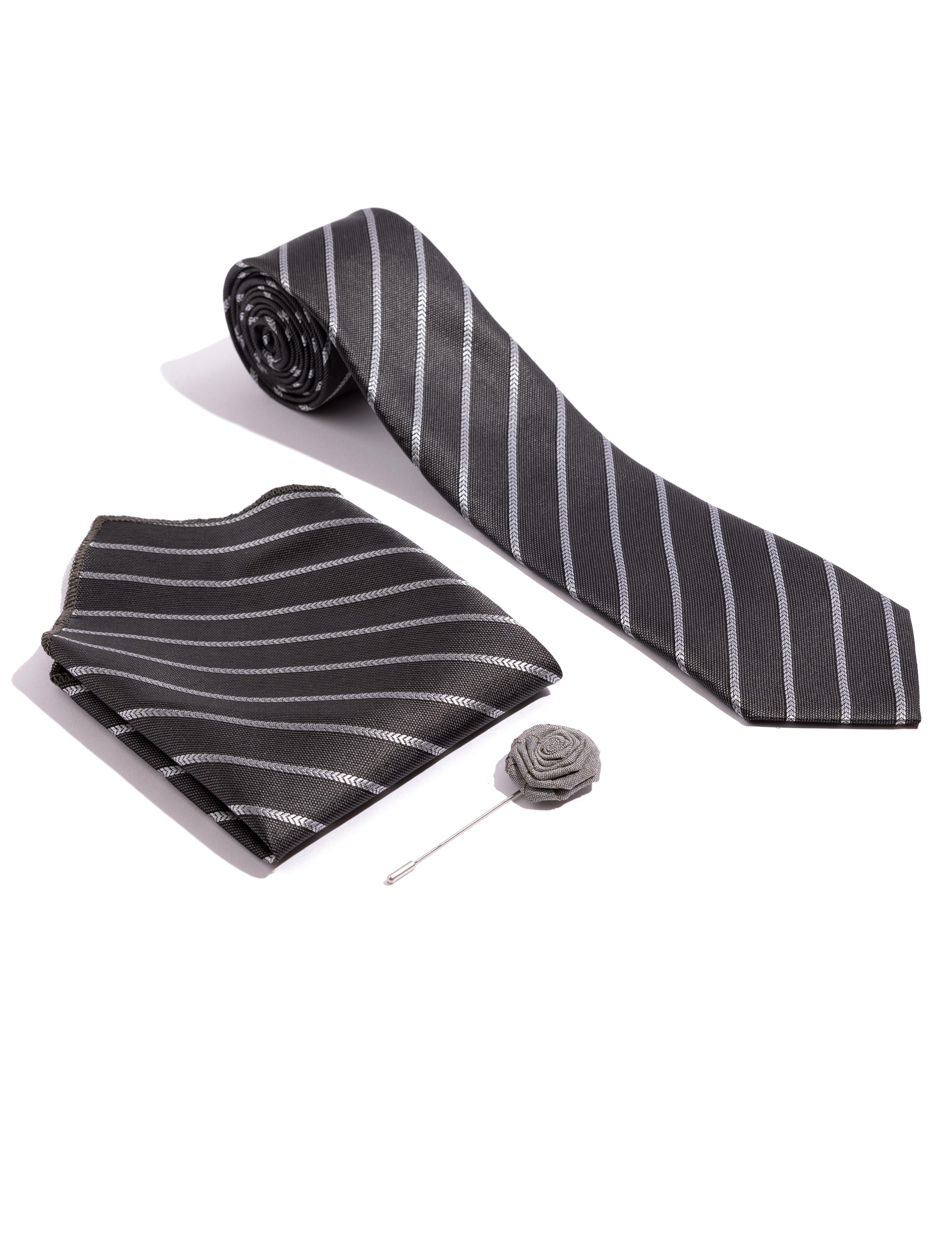 Siyah 3'lü Kravat-Mendil-Kravat İğnesi Set