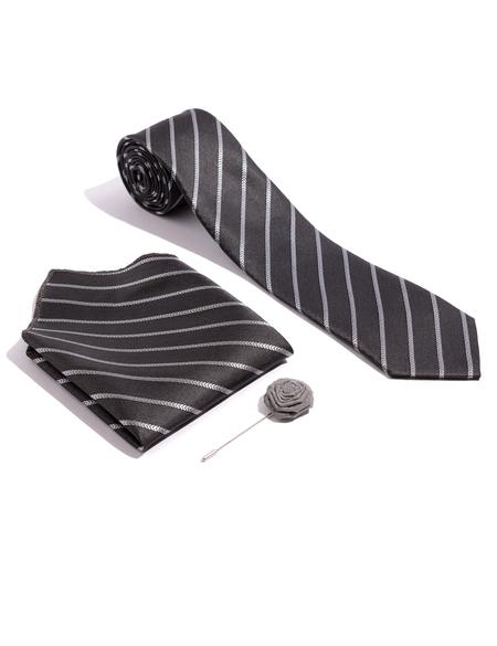 Siyah 3'lü Kravat-Mendil-Kravat İğnesi Set - 50257215003