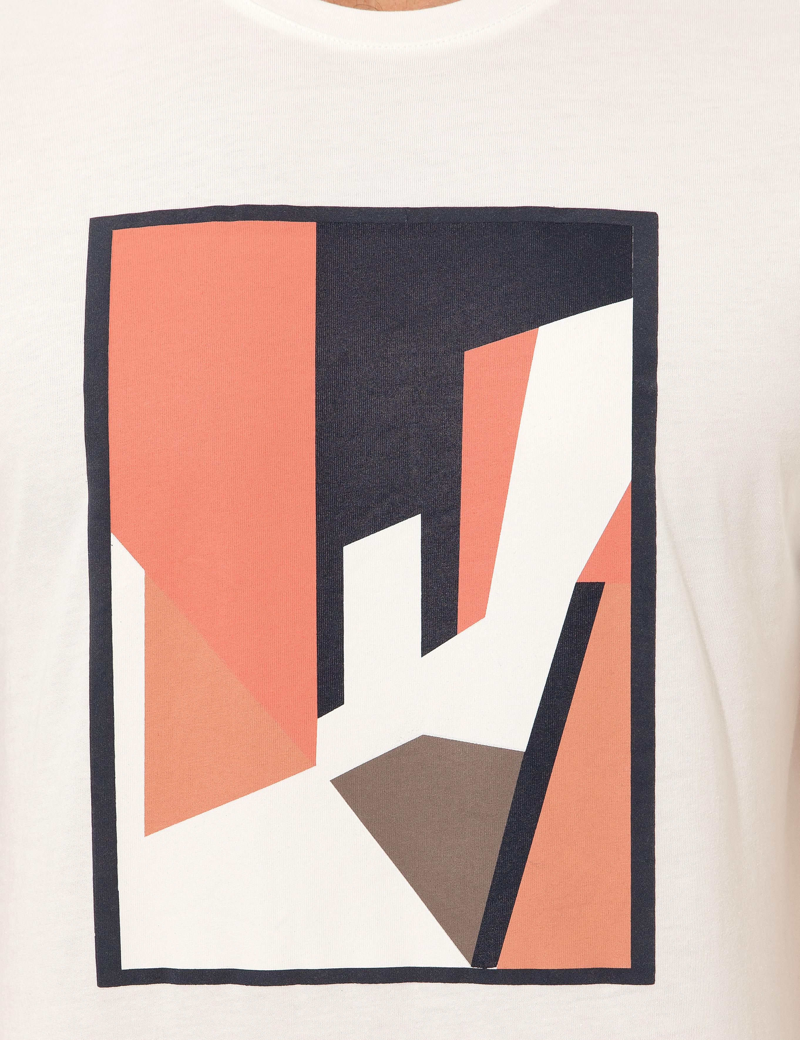 Ekru Slim Fit Baskılı Bisiklet Yaka Tişört