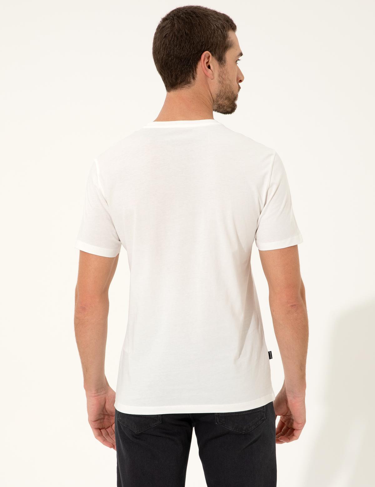 Ekru Slim Fit Baskılı Bisiklet Yaka Tişört - 50249354033