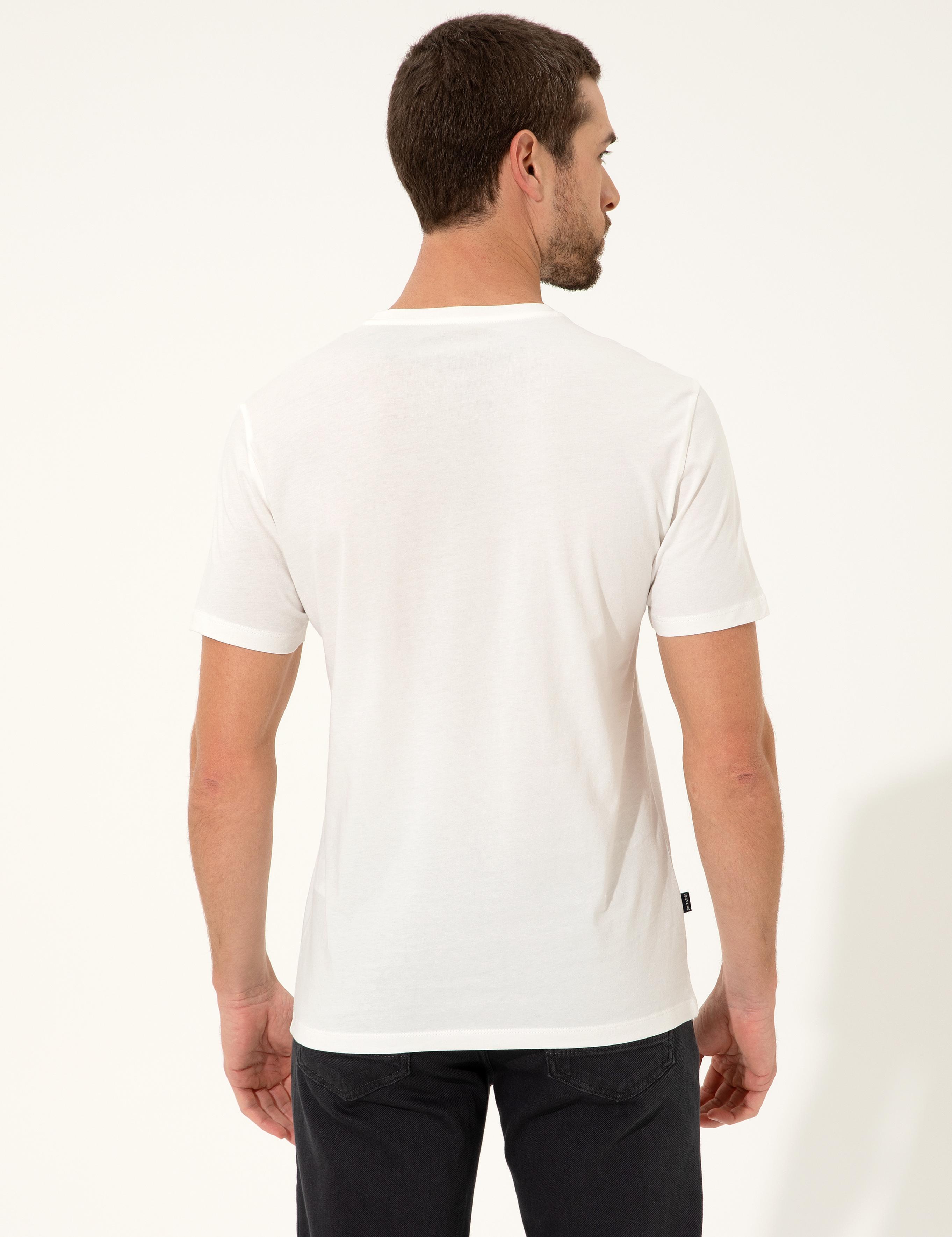 Ekru Slim Fit Baskılı Bisiklet Yaka Tişört