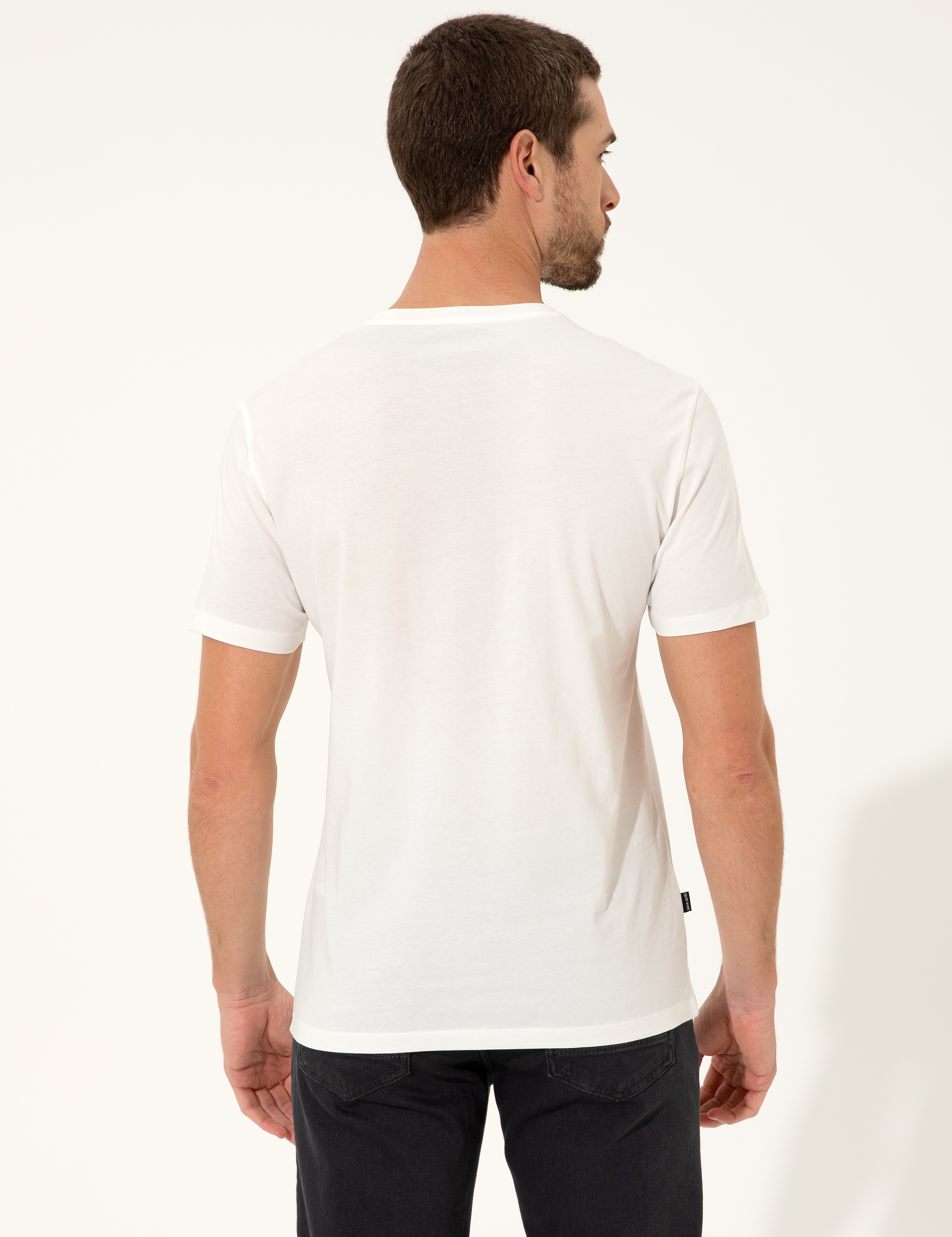 Ekru Slim Fit Baskılı Bisiklet Yaka Tişört