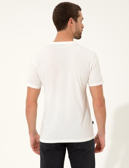 Ekru Slim Fit Baskılı Bisiklet Yaka Tişört - 50249354033