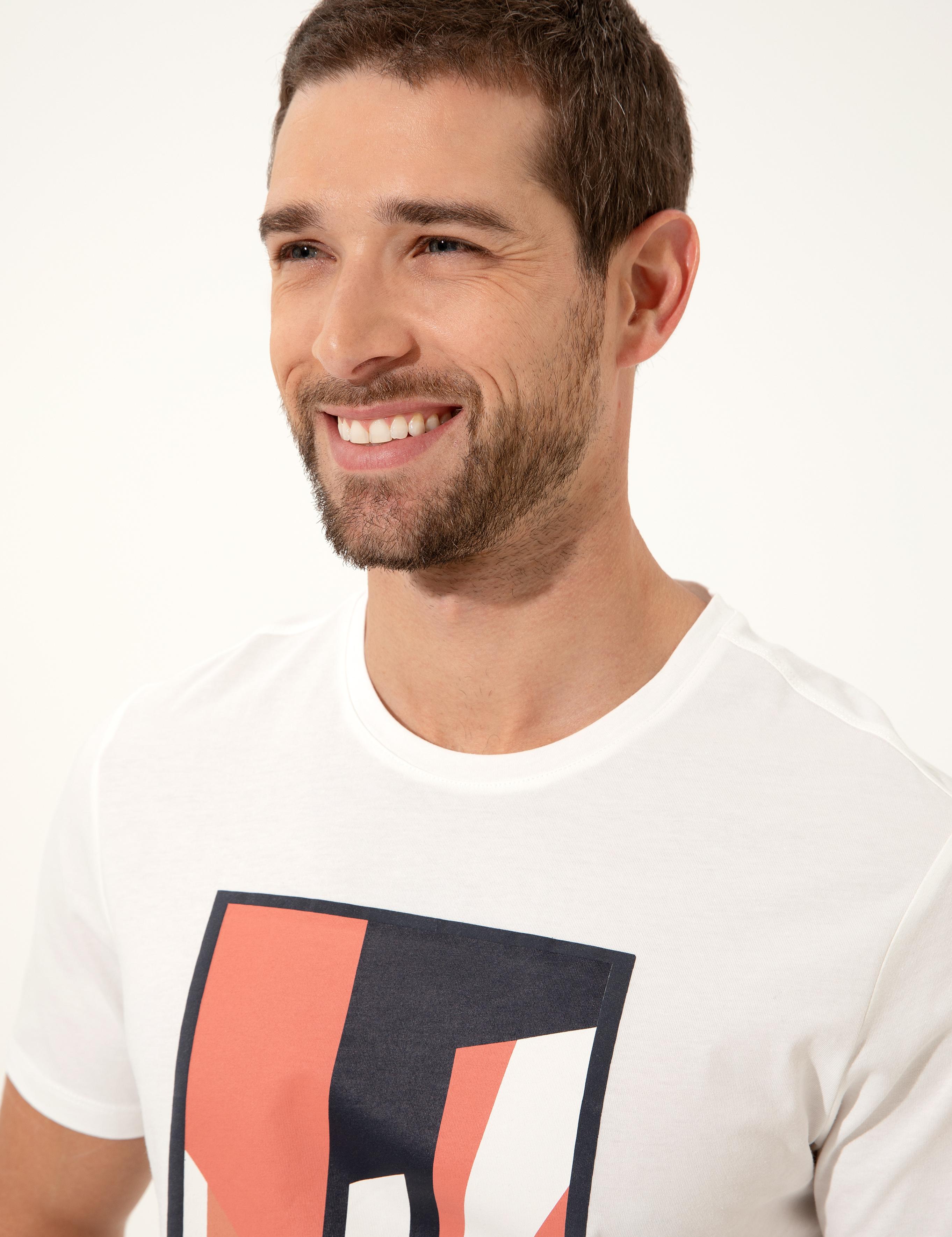 Ekru Slim Fit Baskılı Bisiklet Yaka Tişört