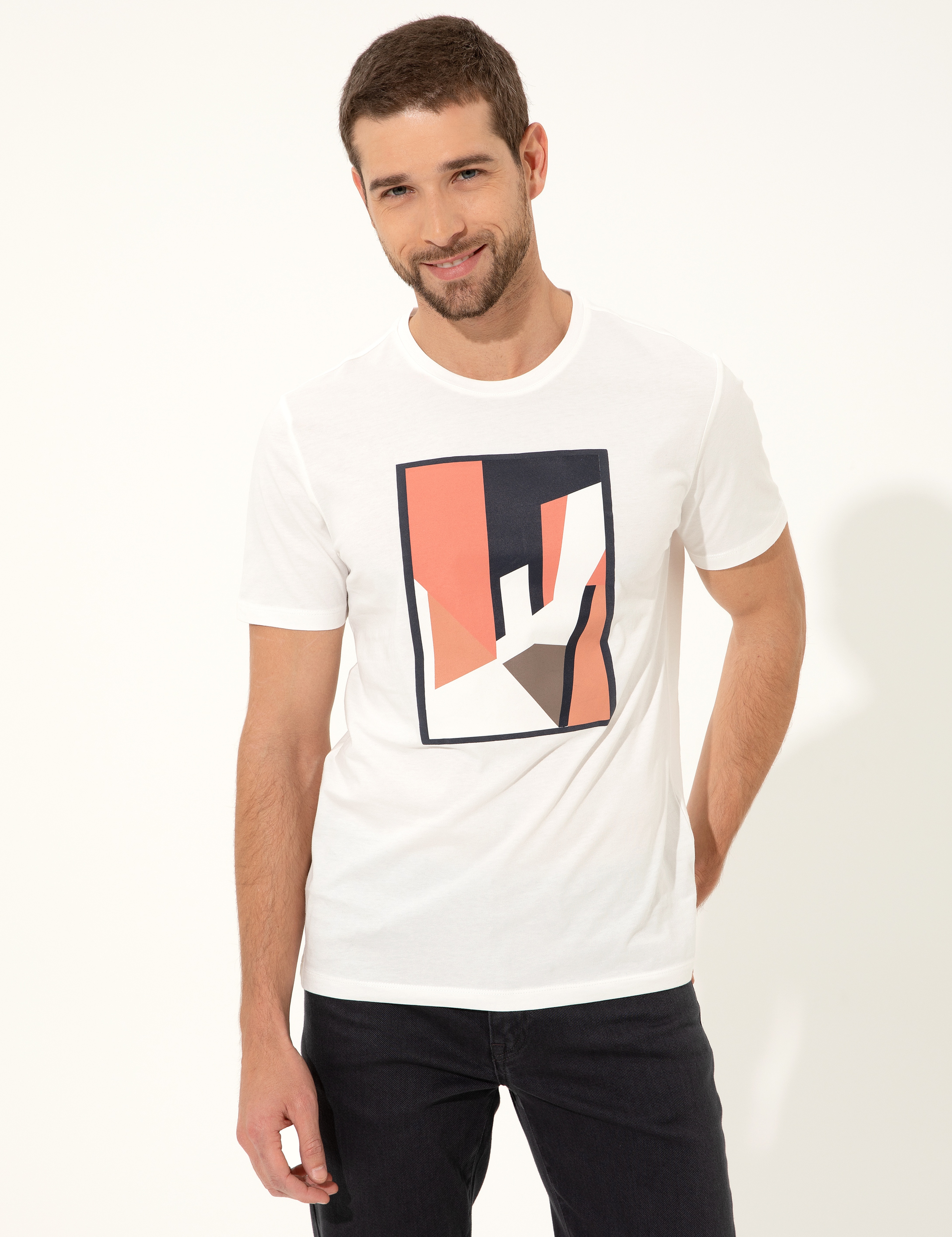 Ekru Slim Fit Baskılı Bisiklet Yaka Tişört - Image 1