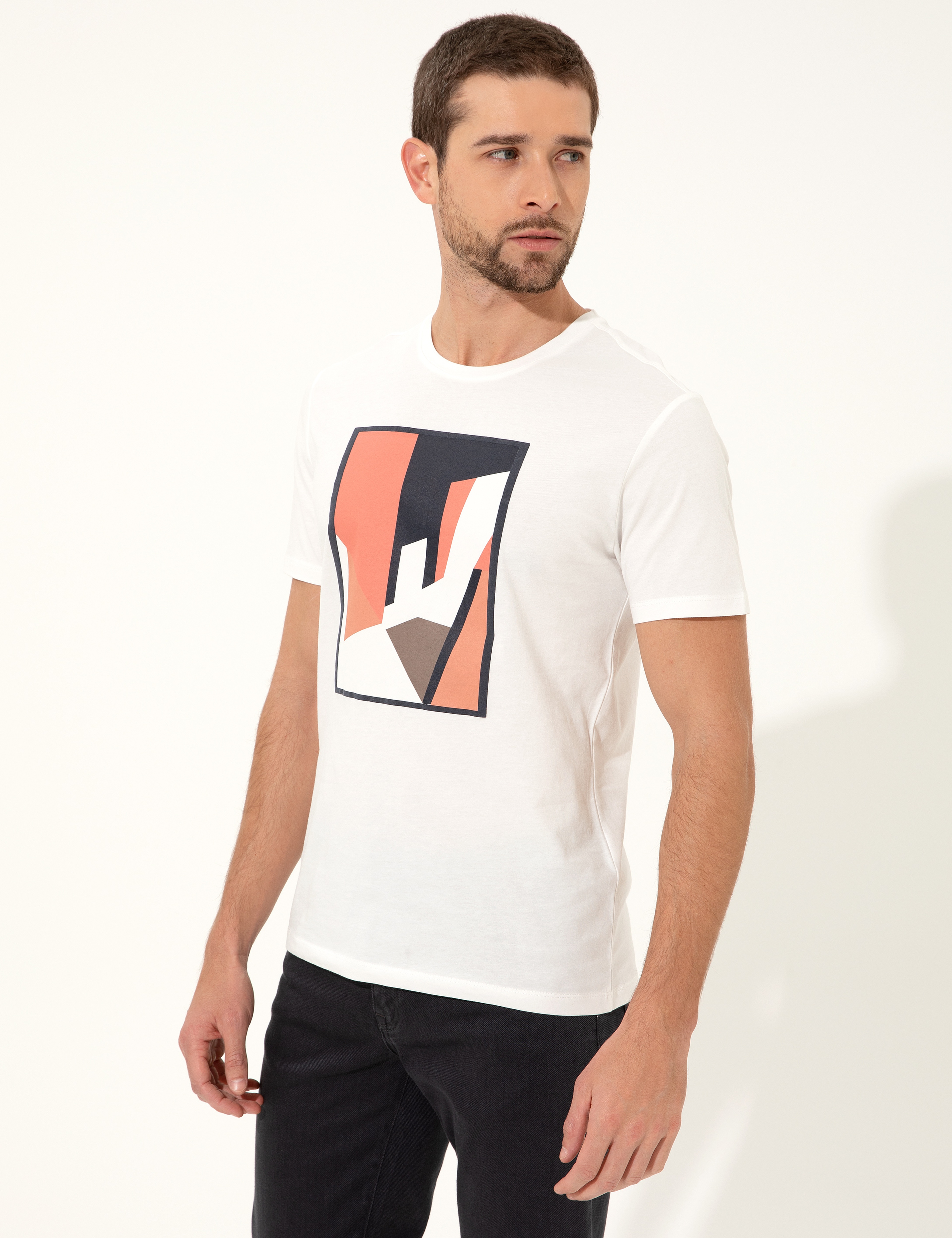 Ekru Slim Fit Baskılı Bisiklet Yaka Tişört - Image 3