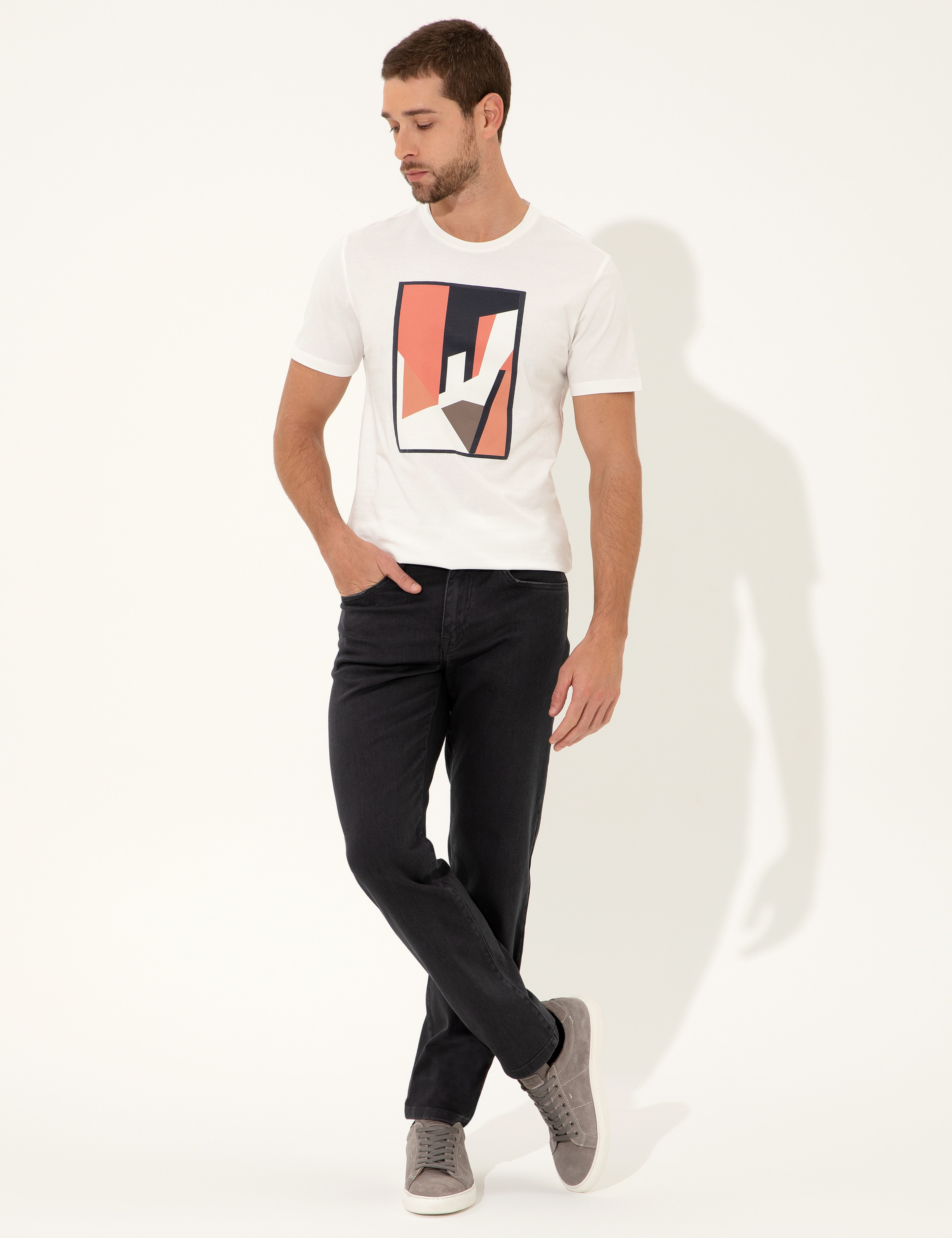 Ekru Slim Fit Baskılı Bisiklet Yaka Tişört - Image 4