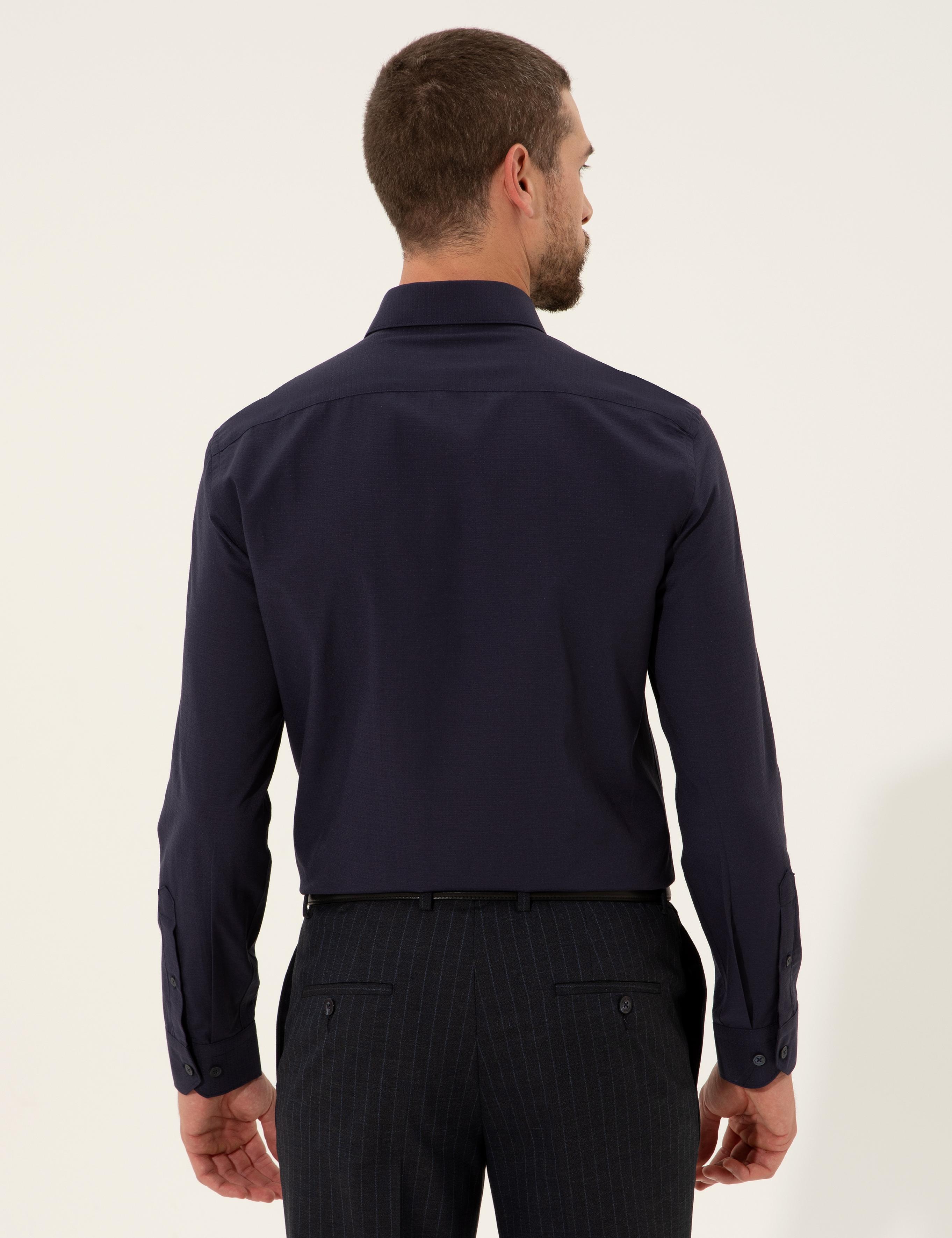 Lacivert Slim Fit Armürlü Gömlek