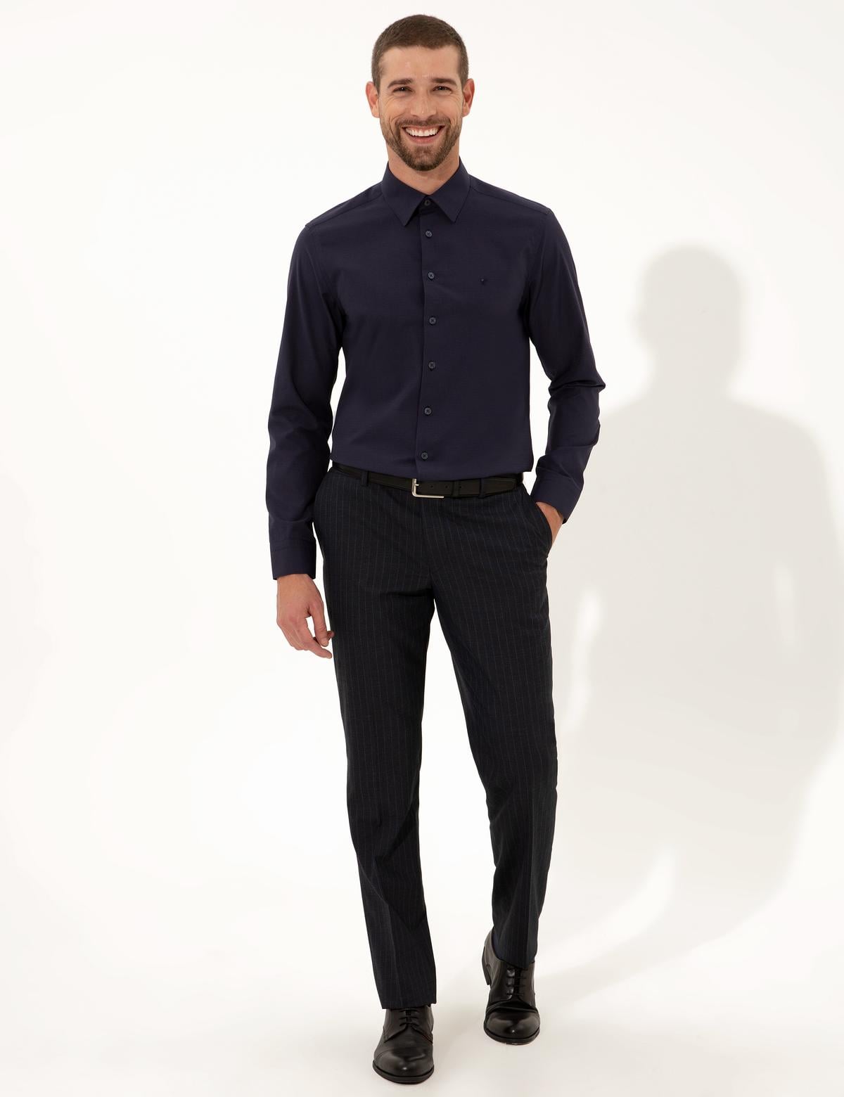 Lacivert Slim Fit Armürlü Gömlek - 50255274031