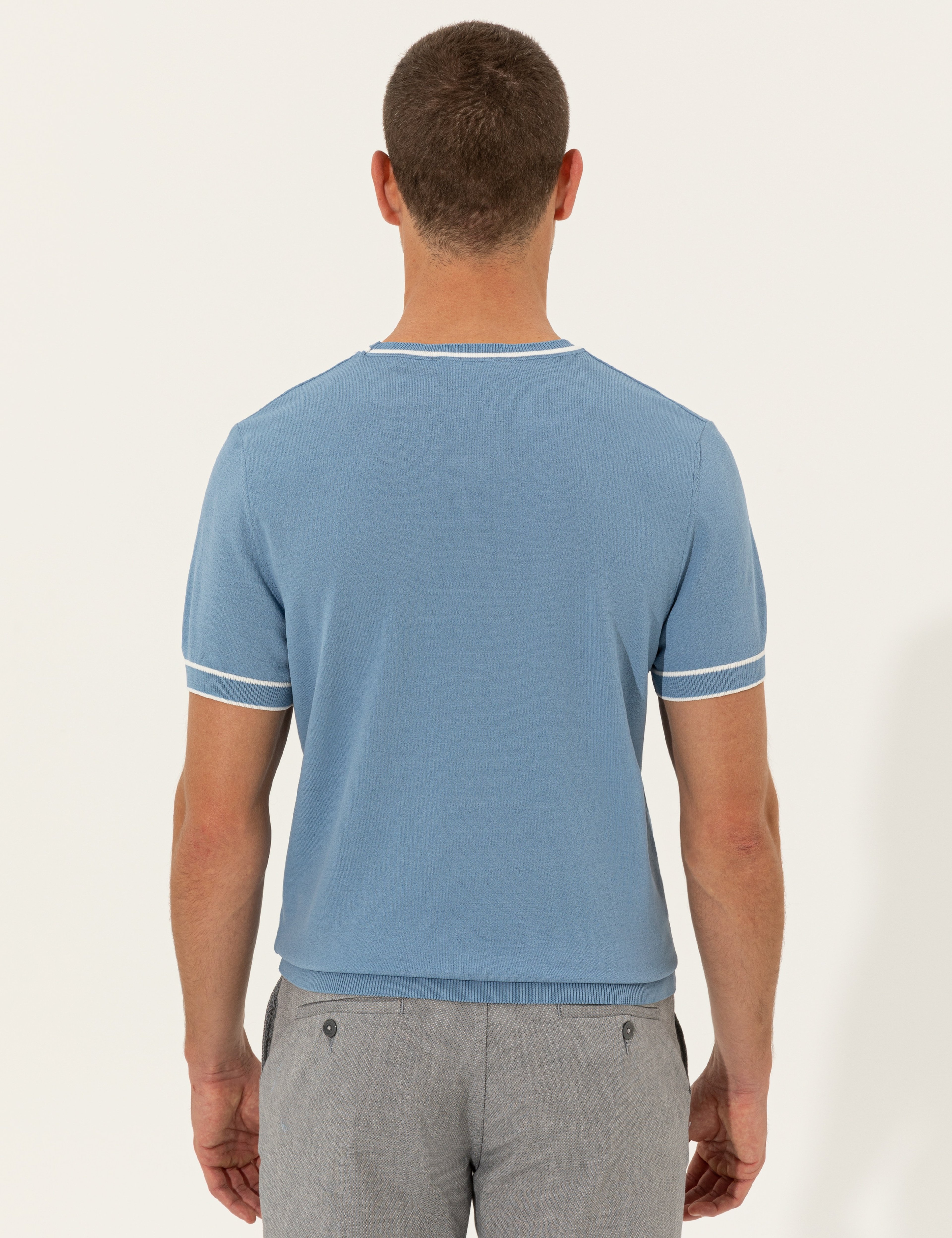 Koyu Mavi Slim Fit Bisiklet Yaka Triko Tişört - Image 5