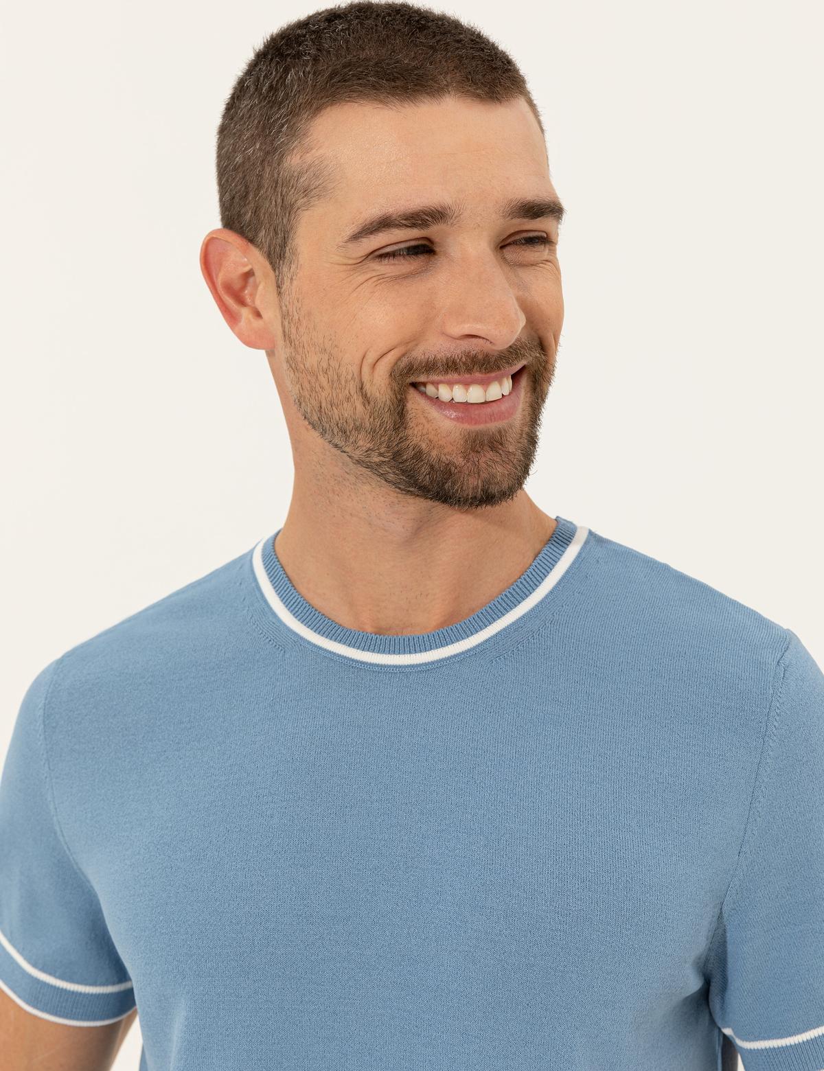 Koyu Mavi Slim Fit Bisiklet Yaka Triko Tişört - 50249698056