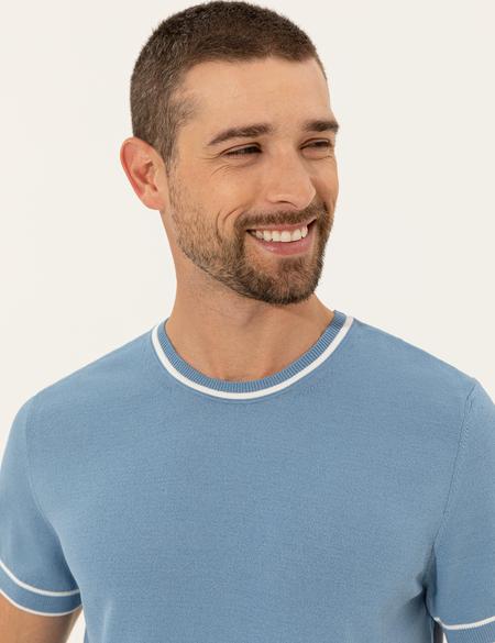 Koyu Mavi Slim Fit Bisiklet Yaka Triko Tişört - 50249698056