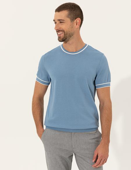 Koyu Mavi Slim Fit Bisiklet Yaka Triko Tişört - 50249698056