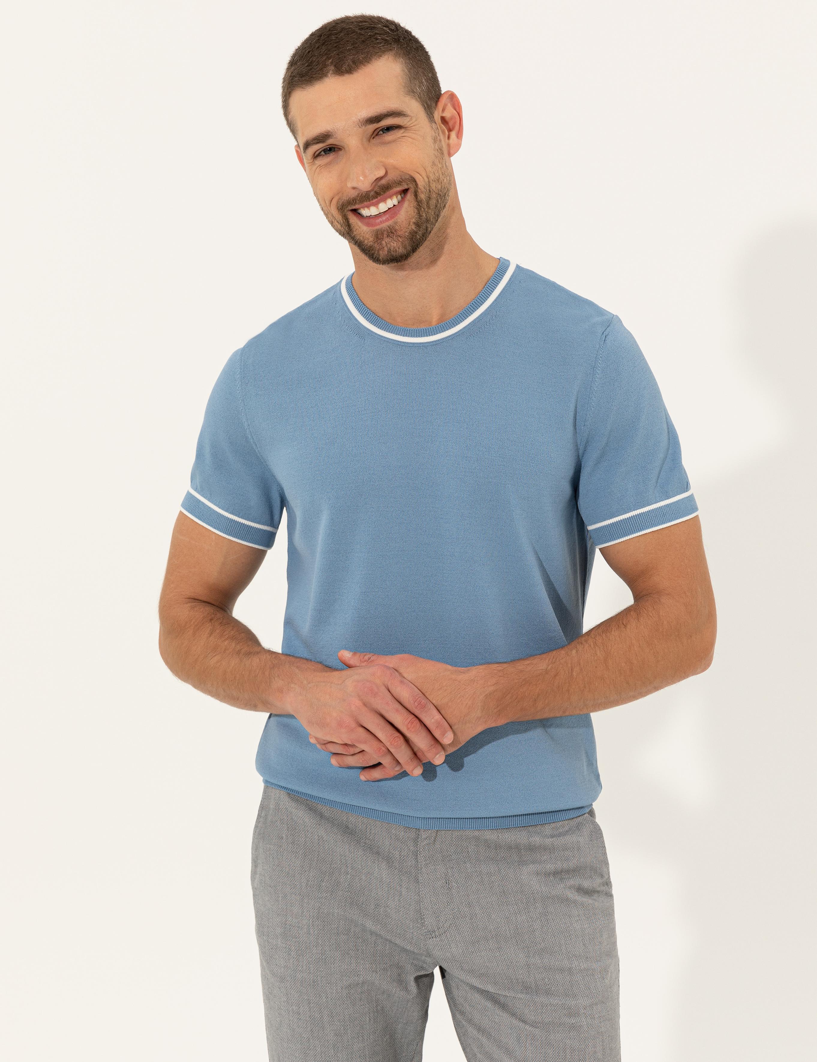 Koyu Mavi Slim Fit Bisiklet Yaka Triko Tişört