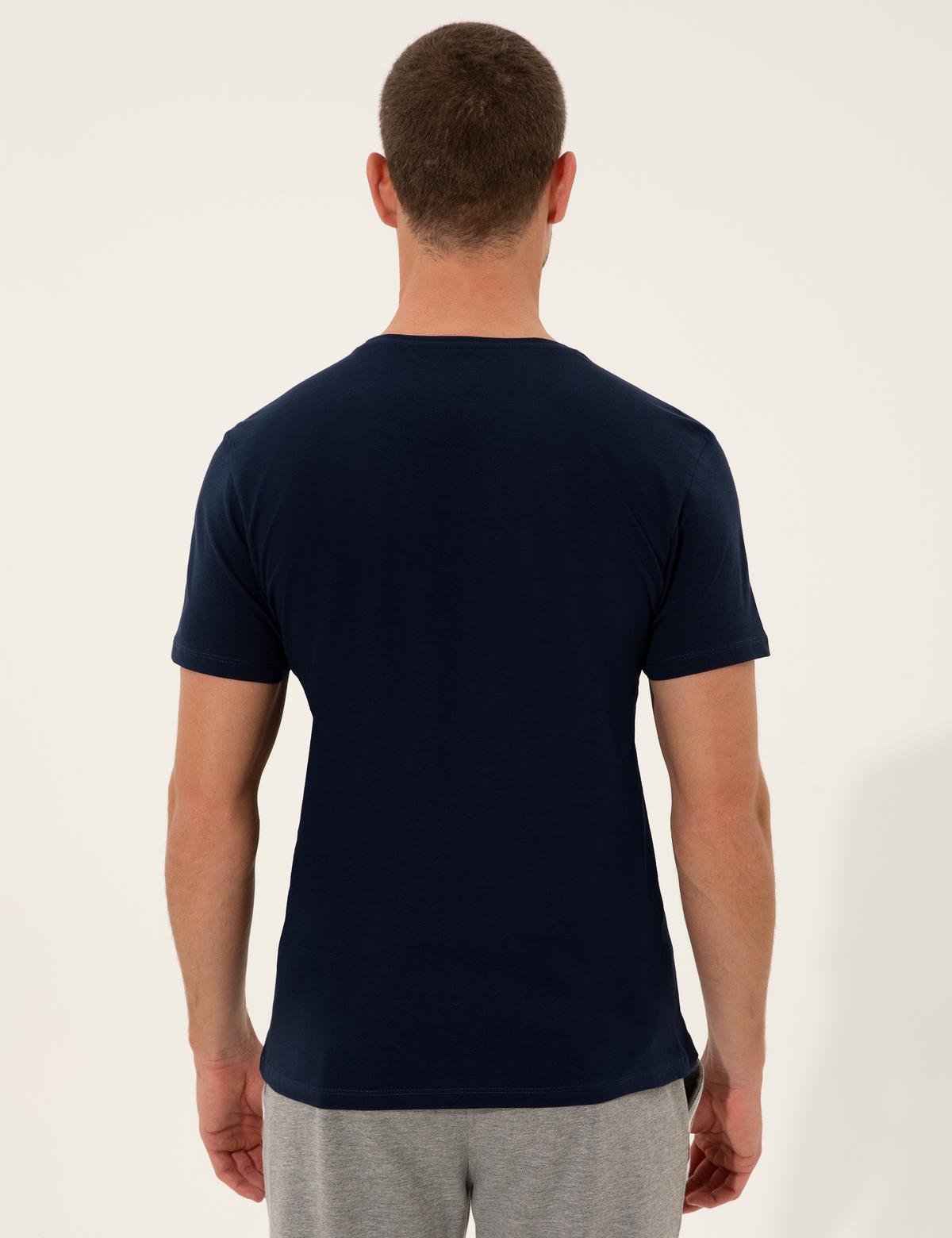 Lacivert Slim Fit Baskılı Bisiklet Yaka Tişört - 50249697016