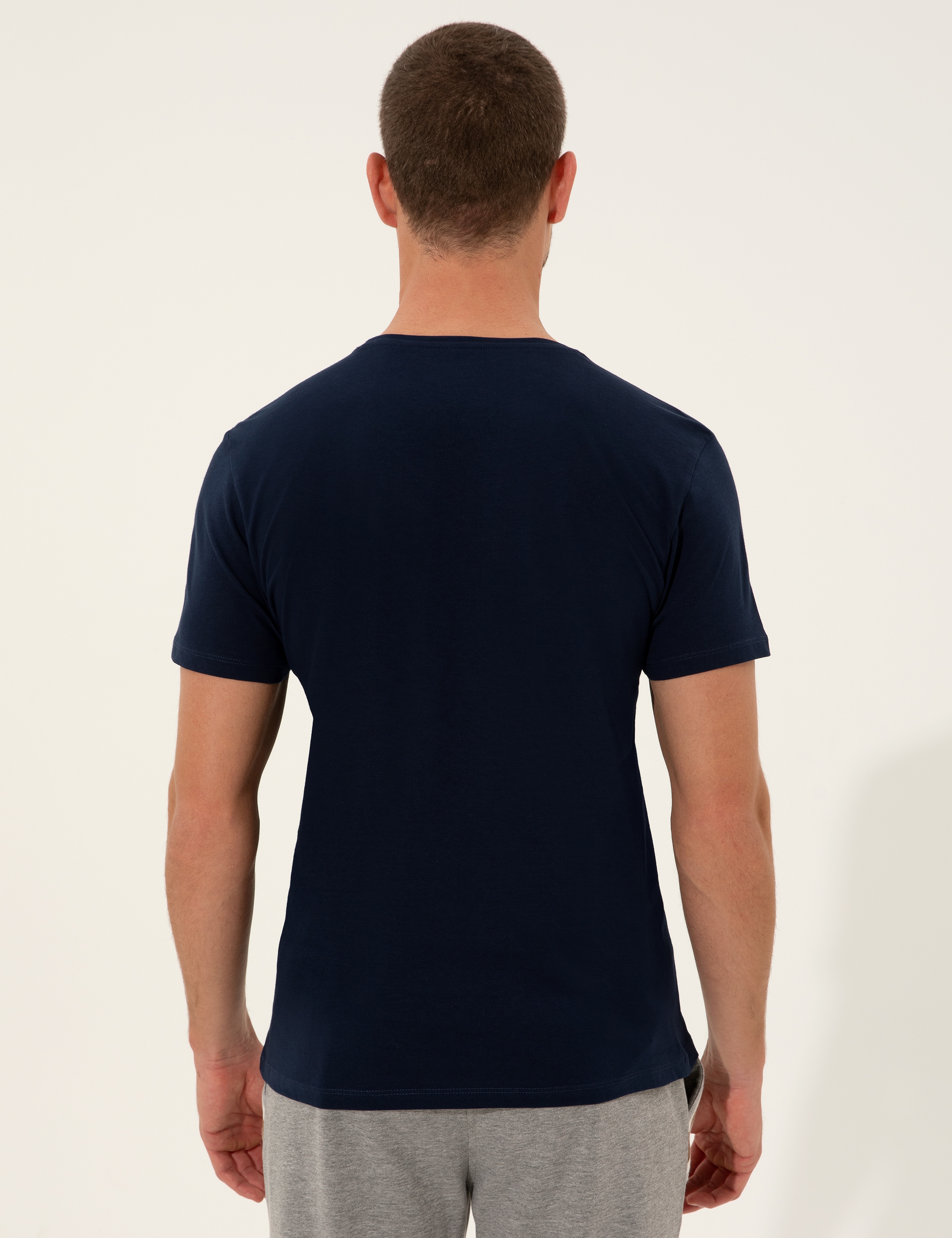 Lacivert Slim Fit Baskılı Bisiklet Yaka Tişört