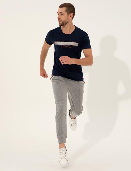 Lacivert Slim Fit Baskılı Bisiklet Yaka Tişört - 50249697016