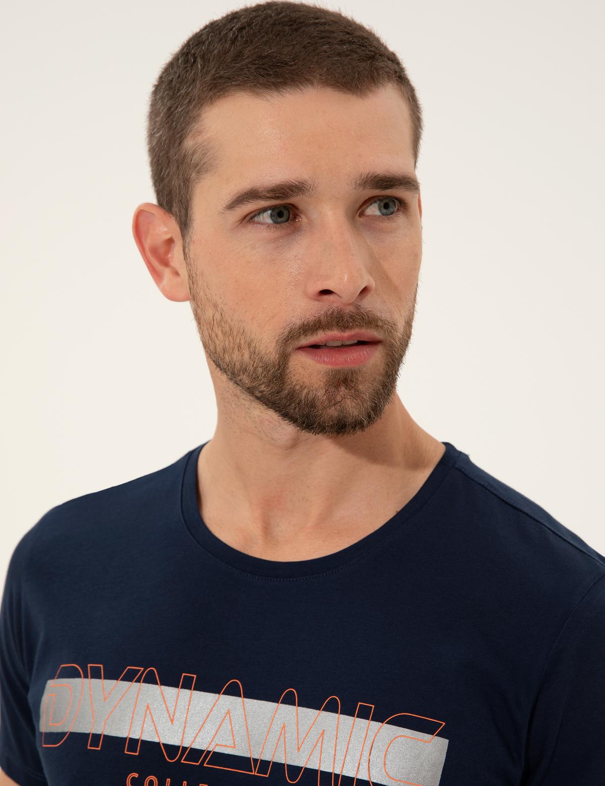 Lacivert Slim Fit Baskılı Bisiklet Yaka Tişört - 50249697016