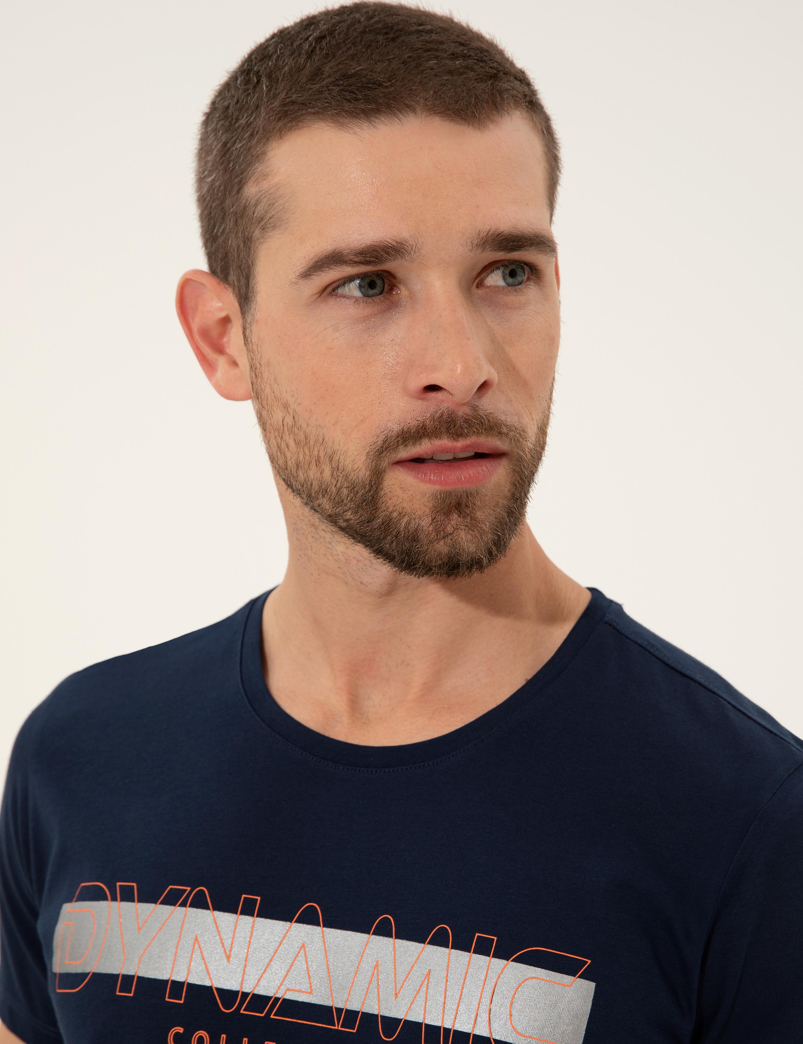 Lacivert Slim Fit Baskılı Bisiklet Yaka Tişört