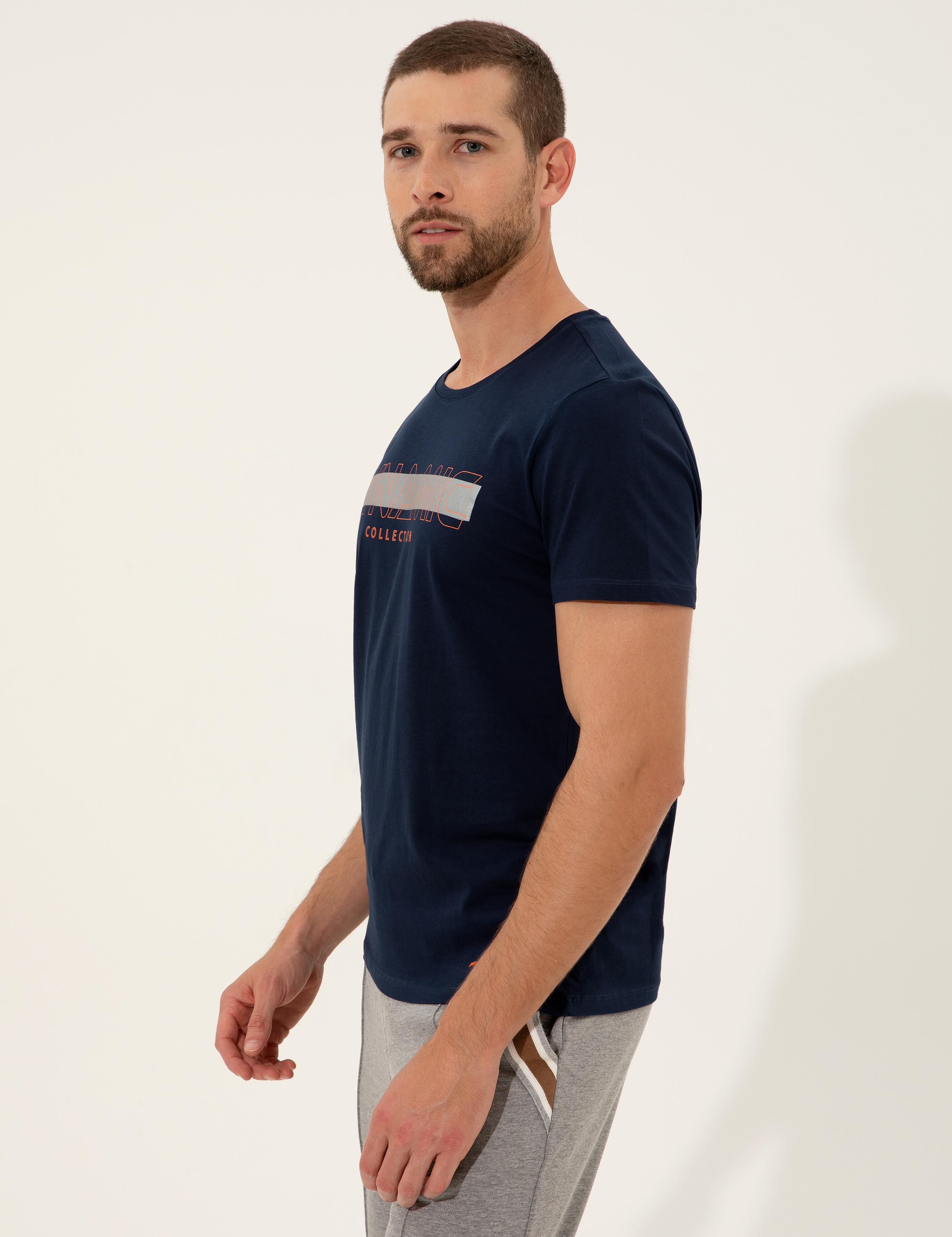 Lacivert Slim Fit Baskılı Bisiklet Yaka Tişört