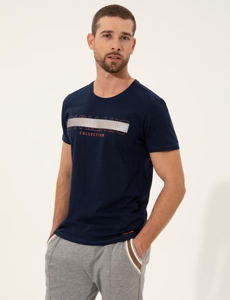 Lacivert Slim Fit Baskılı Bisiklet Yaka Tişört - 50249697016