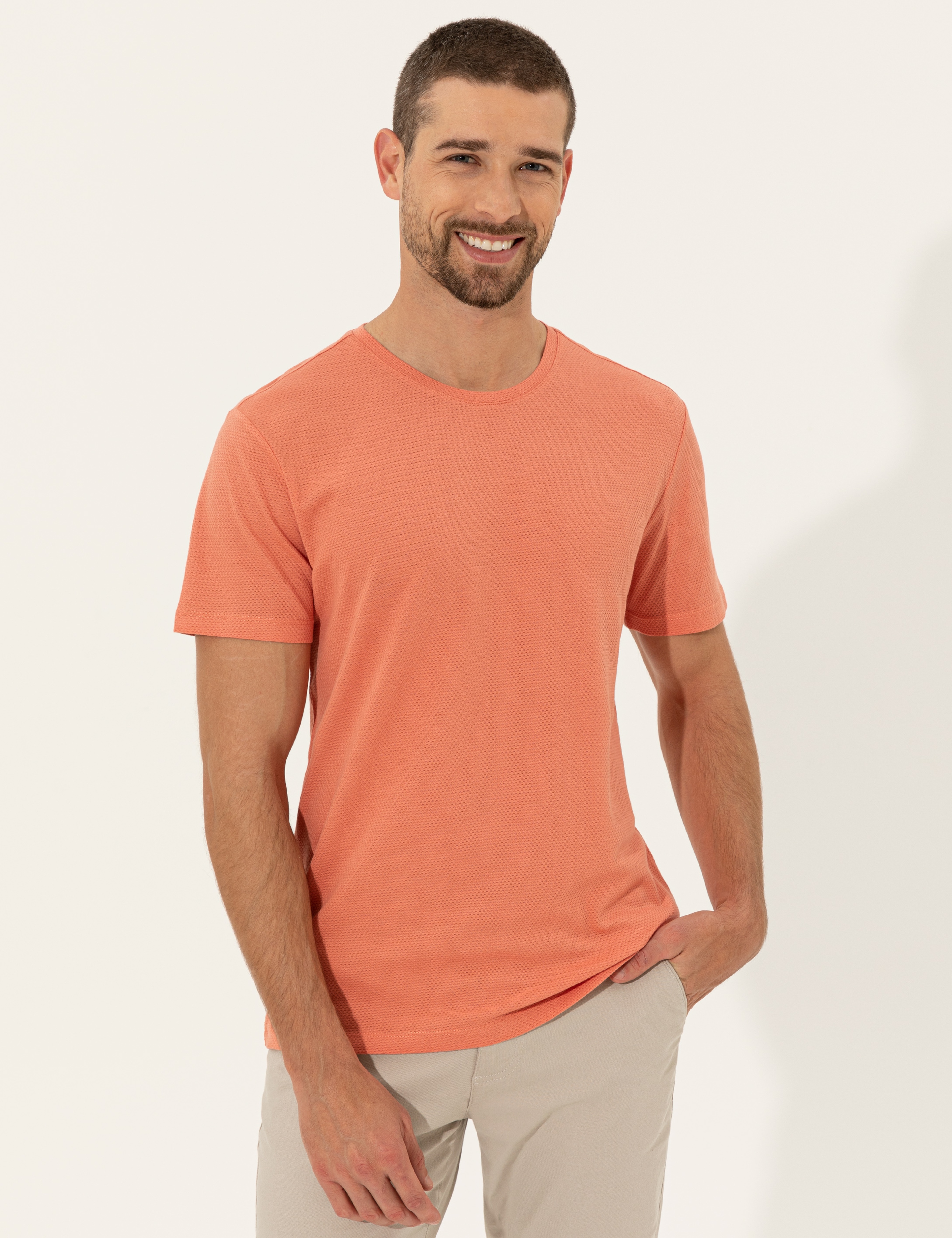 Turuncu Slim Fit Bisiklet Yaka Tişört - Image 2